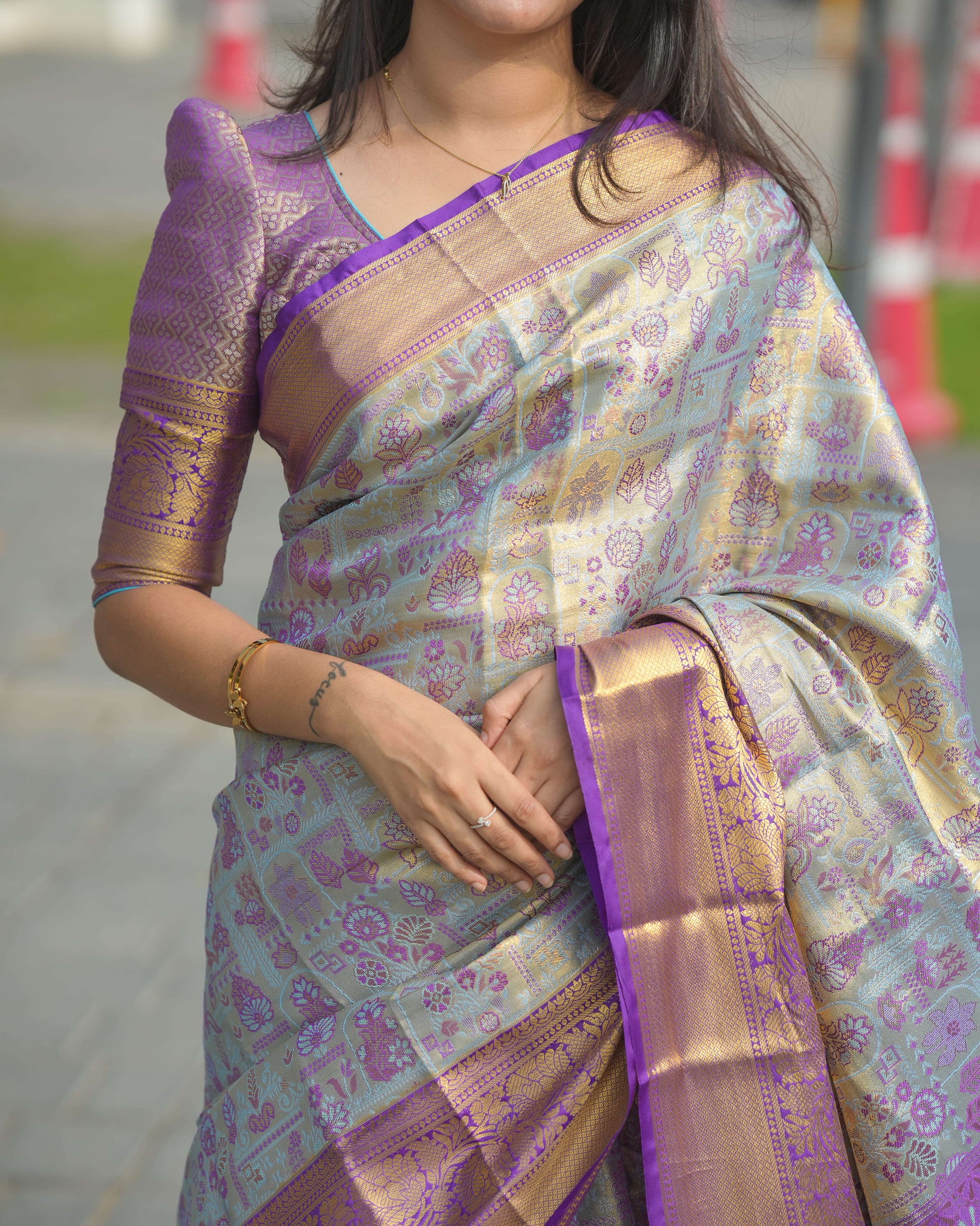 Silver & Purple Wedding Wear Kanjivaram Silk Saree