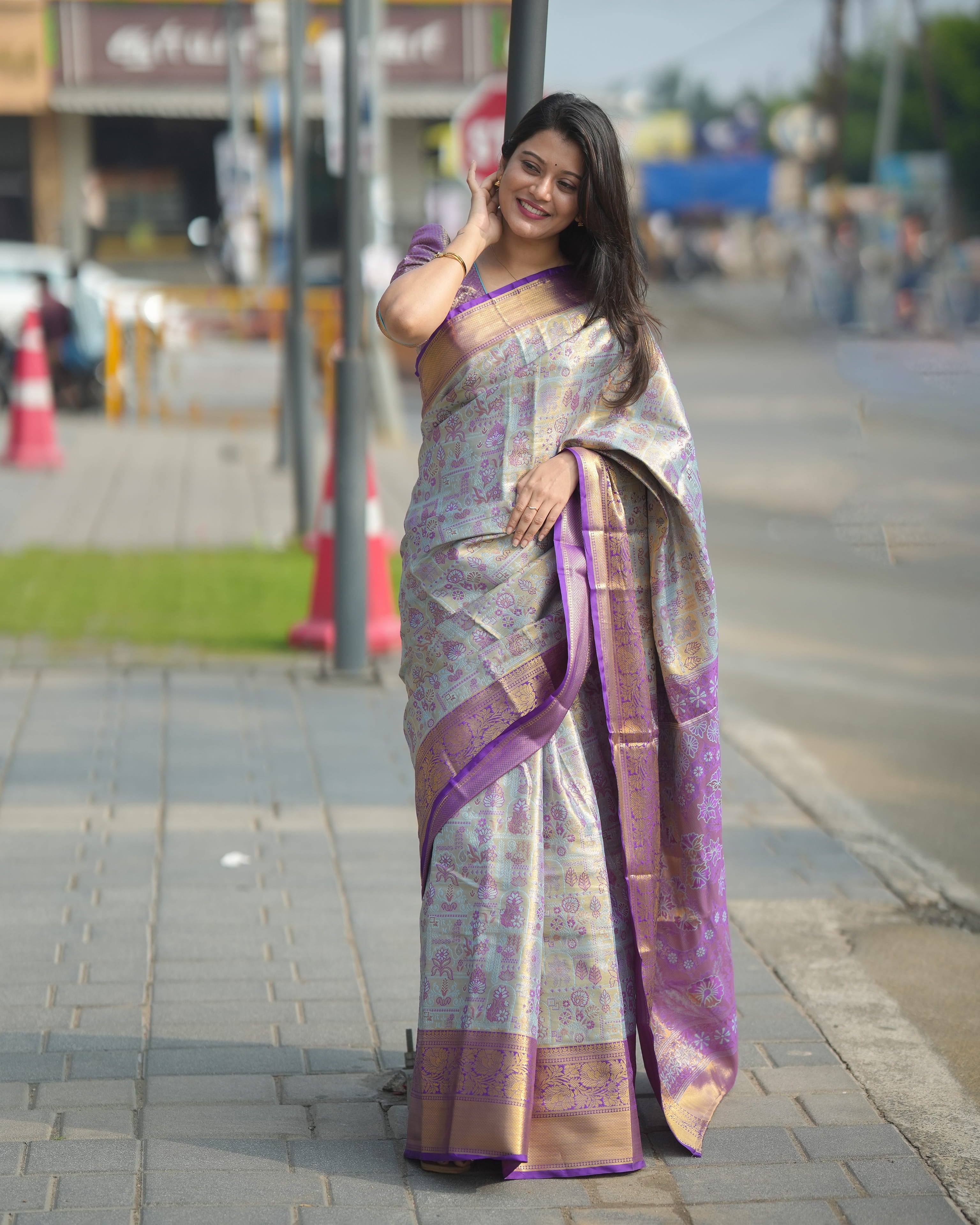 Silver & Purple Wedding Wear Kanjivaram Silk Saree