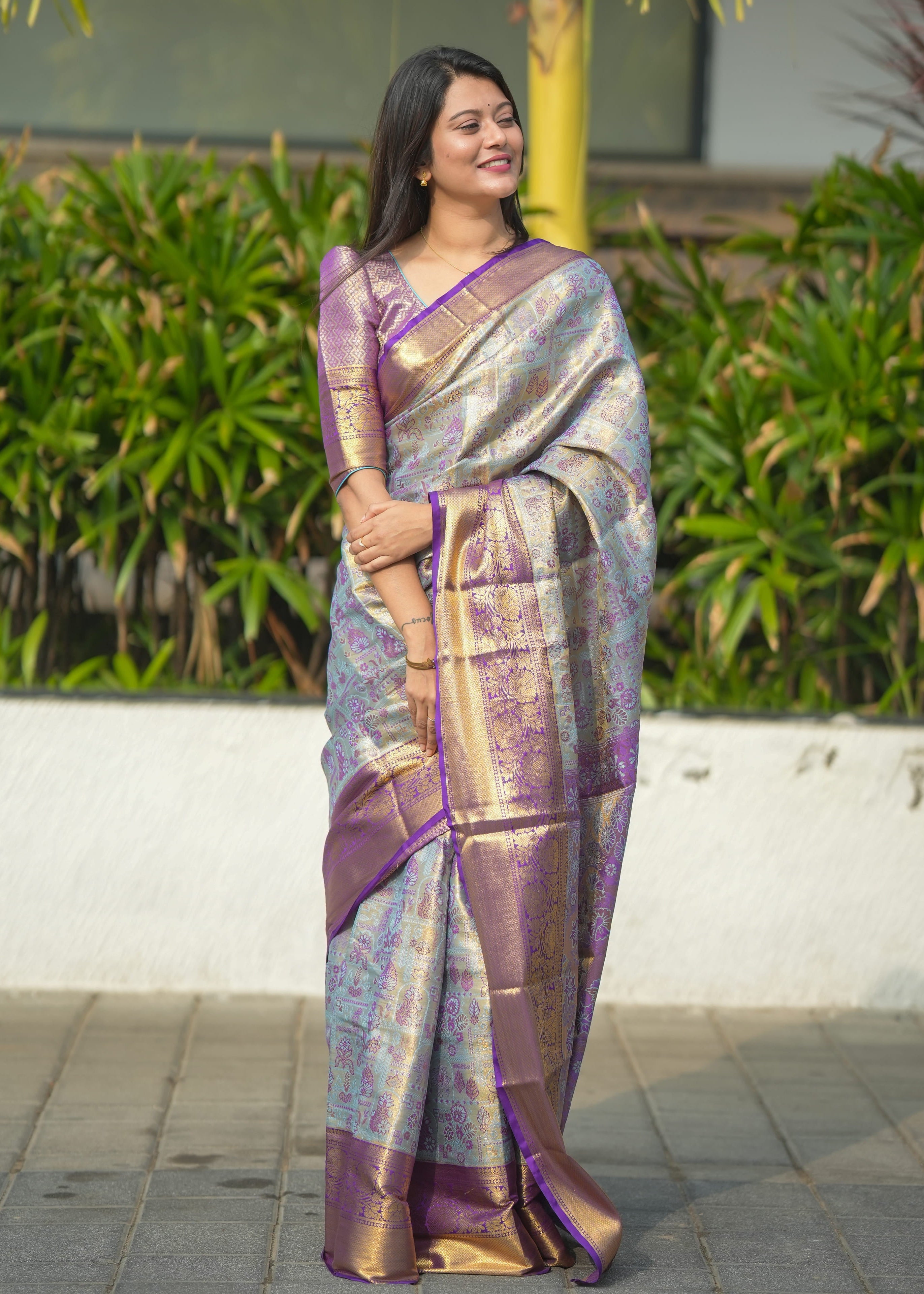 Silver & Purple Wedding Wear Kanjivaram Silk Saree