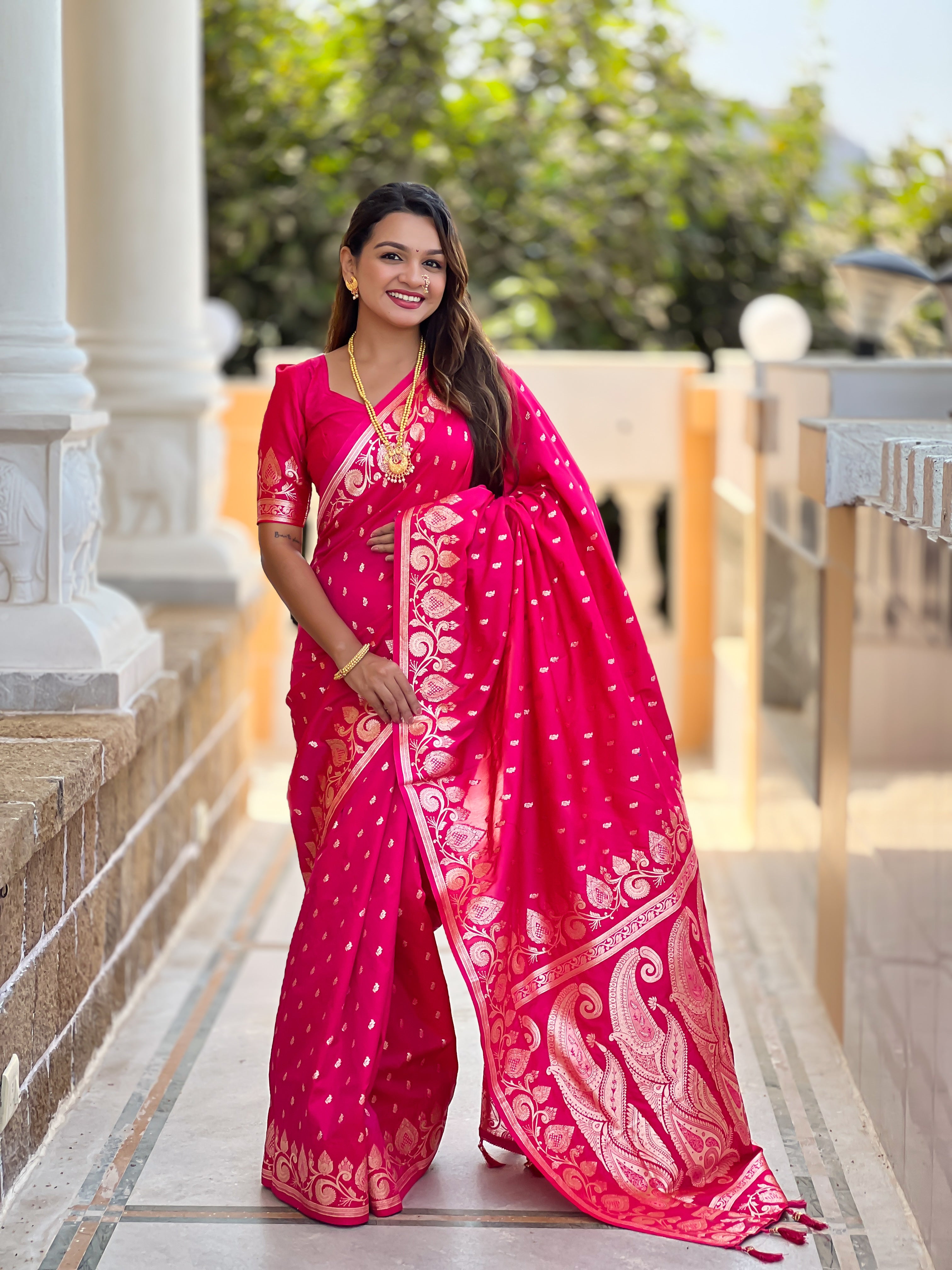 Wedding Wear Rani Pink Soft Banarasi Silk Saree