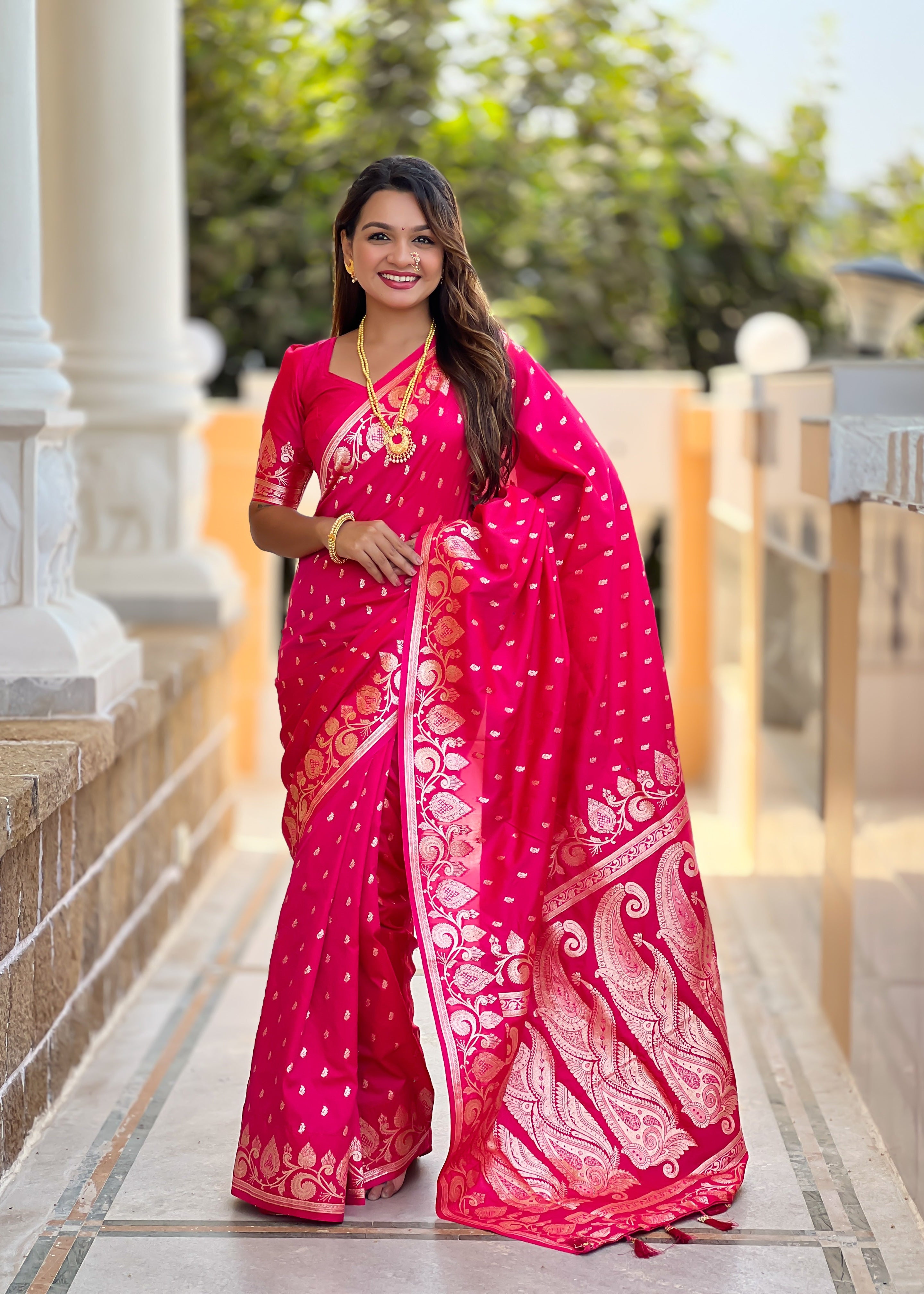 Wedding Wear Rani Pink Soft Banarasi Silk Saree