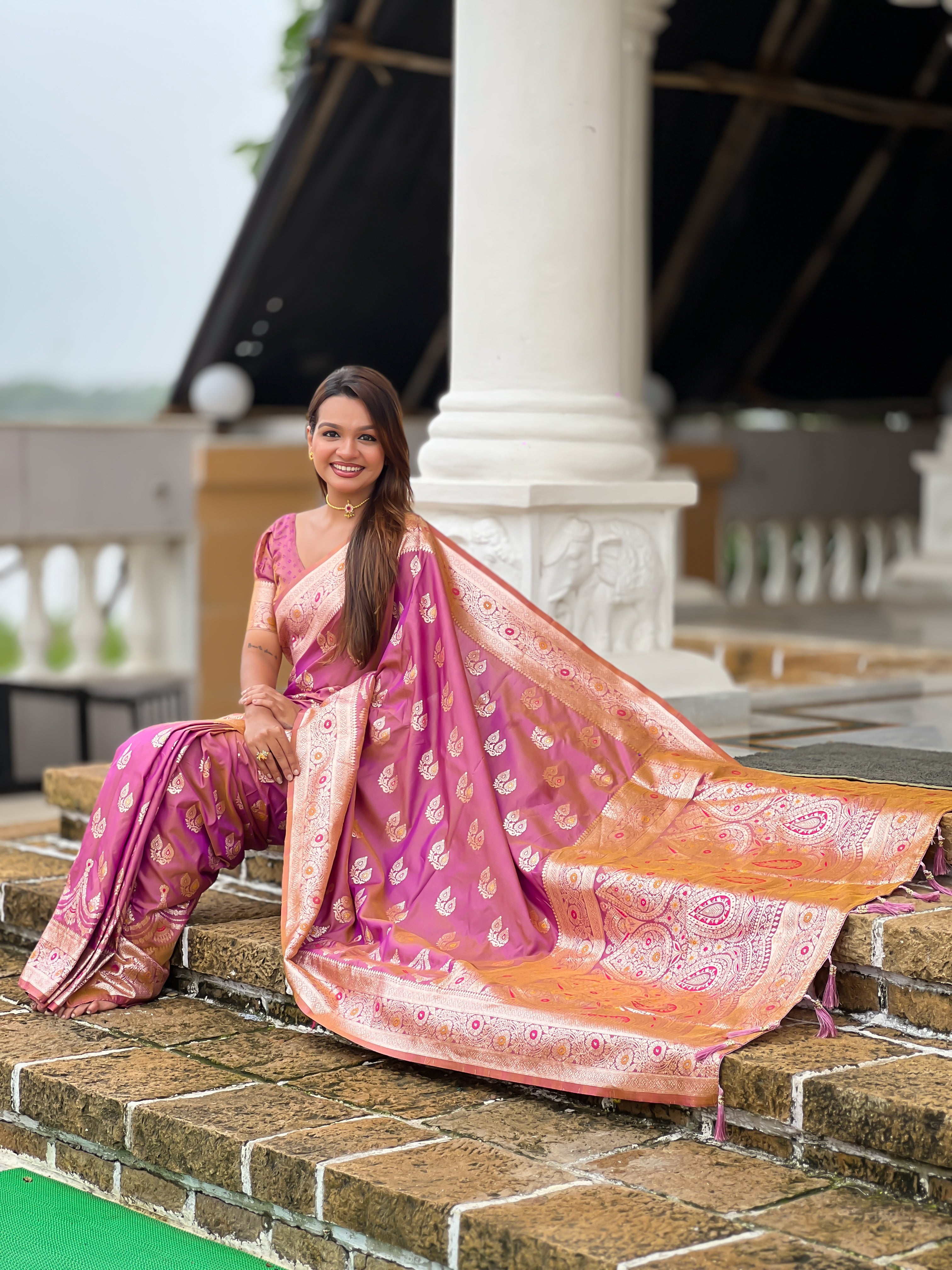Onion Pink Wedding Wear Soft Banarasi Silk Saree