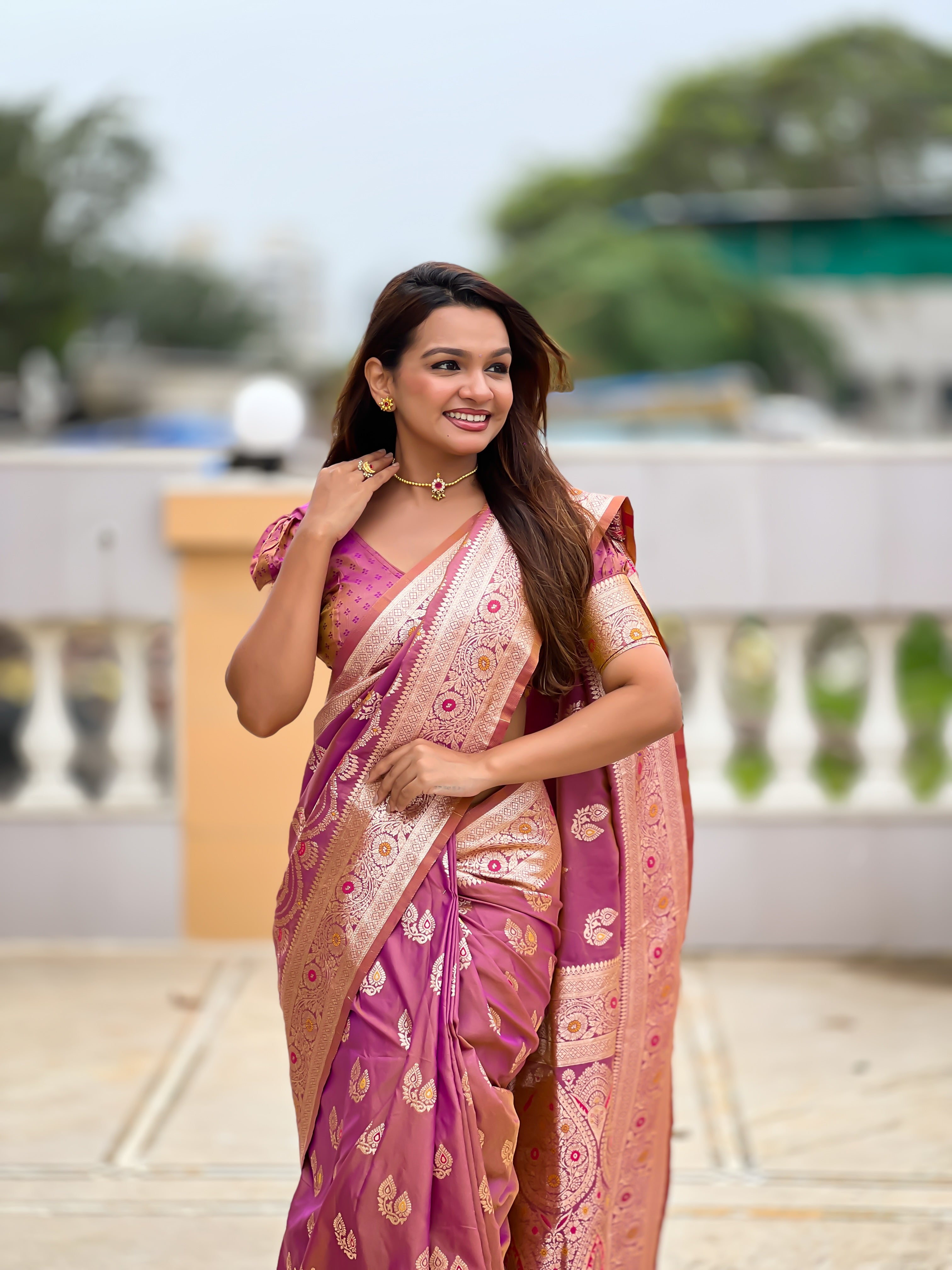 Onion Pink Wedding Wear Soft Banarasi Silk Saree