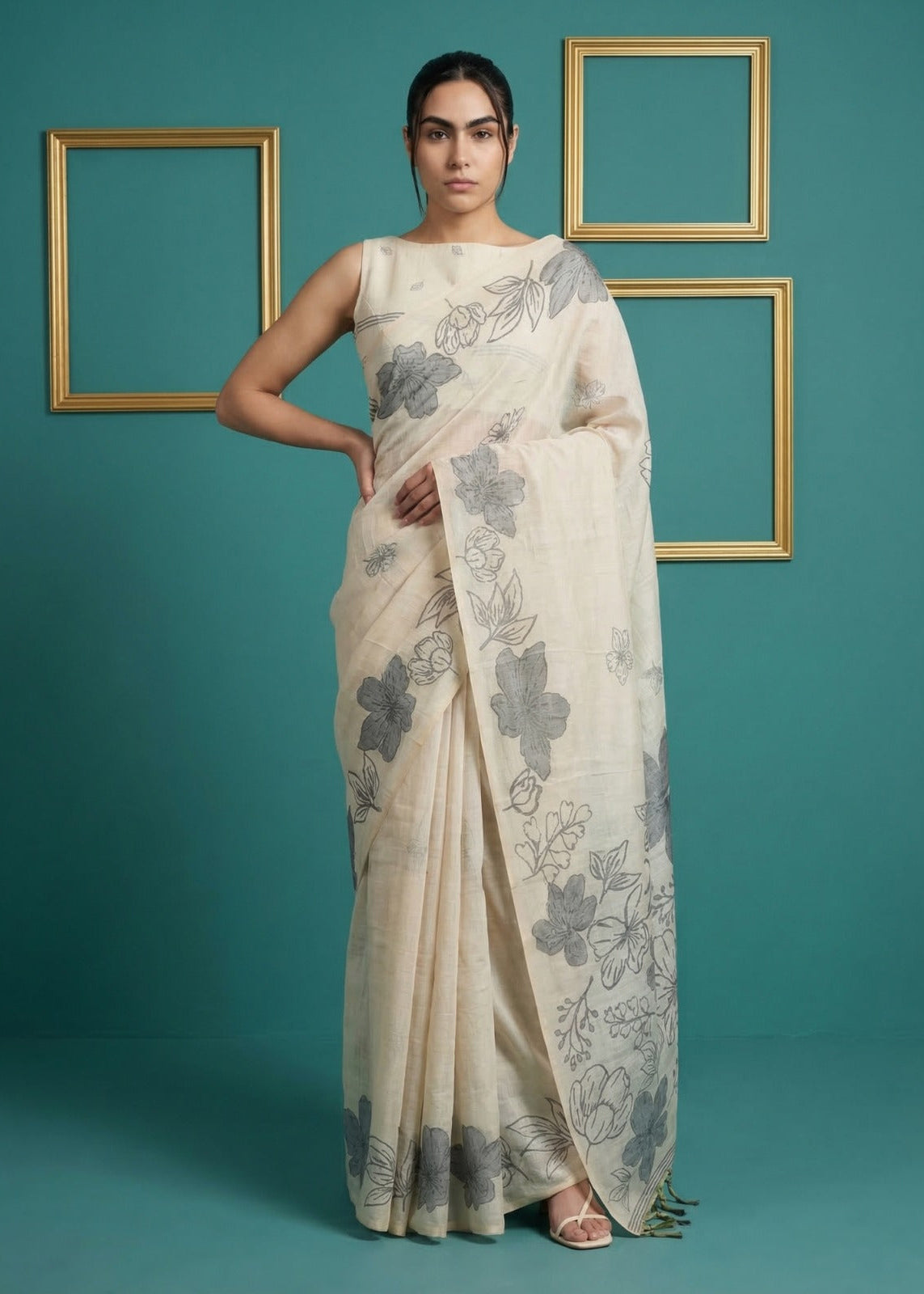 Offwhite Floral printed soft muga cotton saree