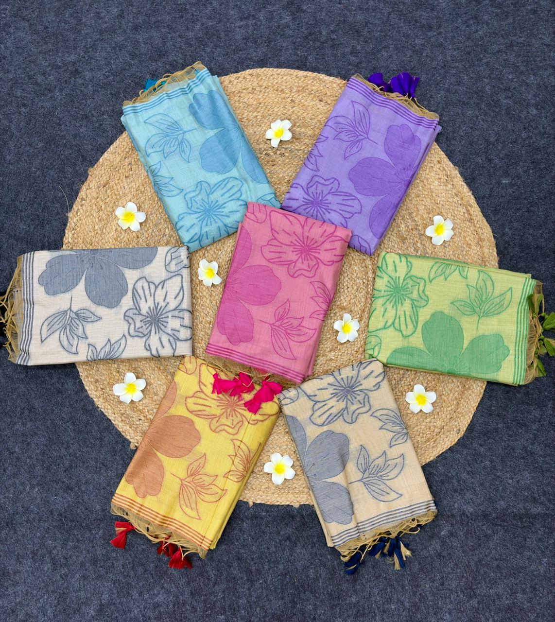 Yellow Floral printed soft muga cotton saree