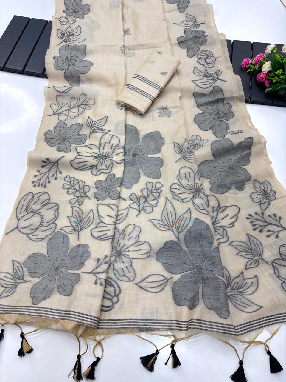 Offwhite Floral printed soft muga cotton saree