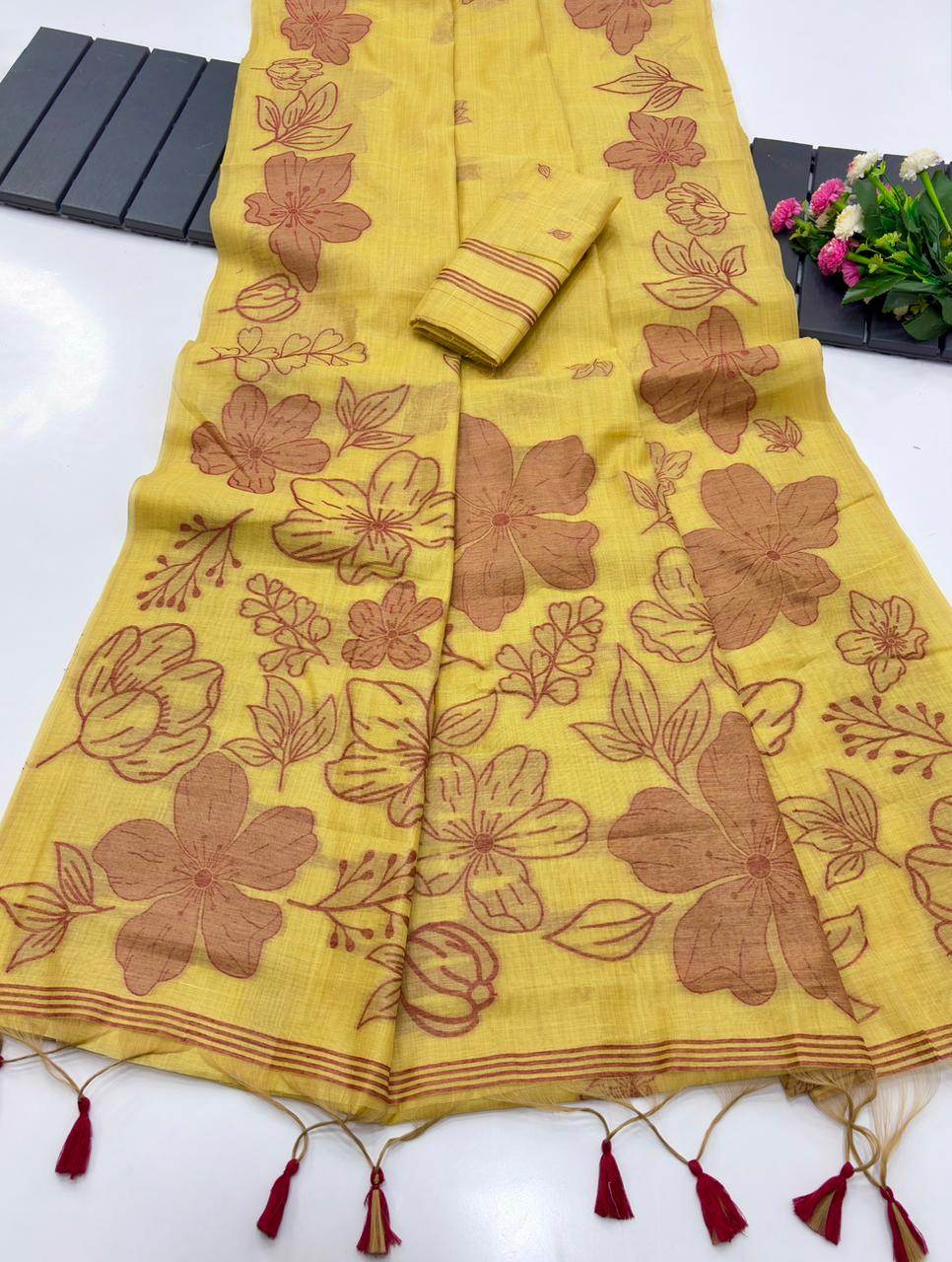 Yellow Floral printed soft muga cotton saree