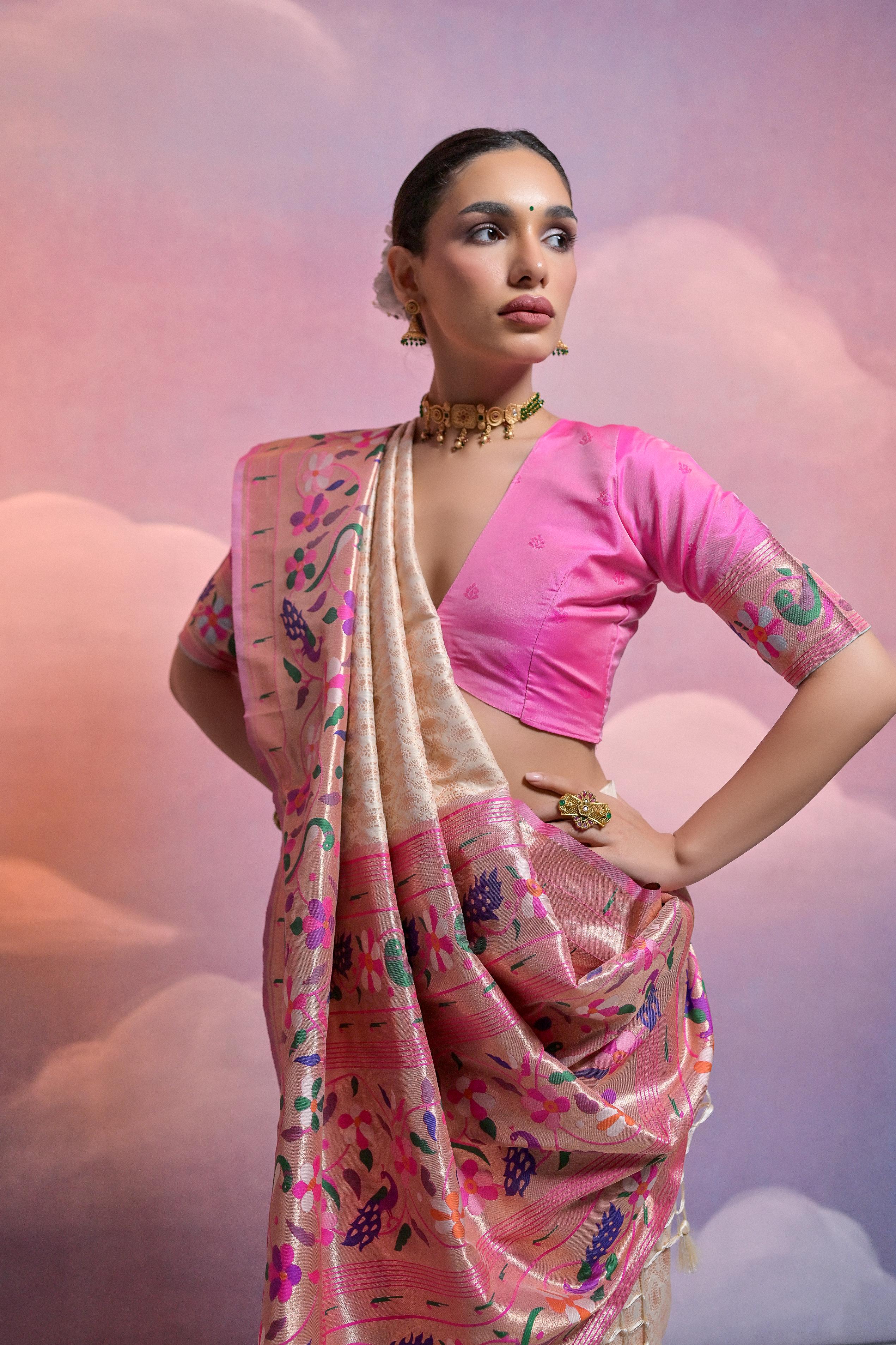 White Banarasi Silk Paithani Saree