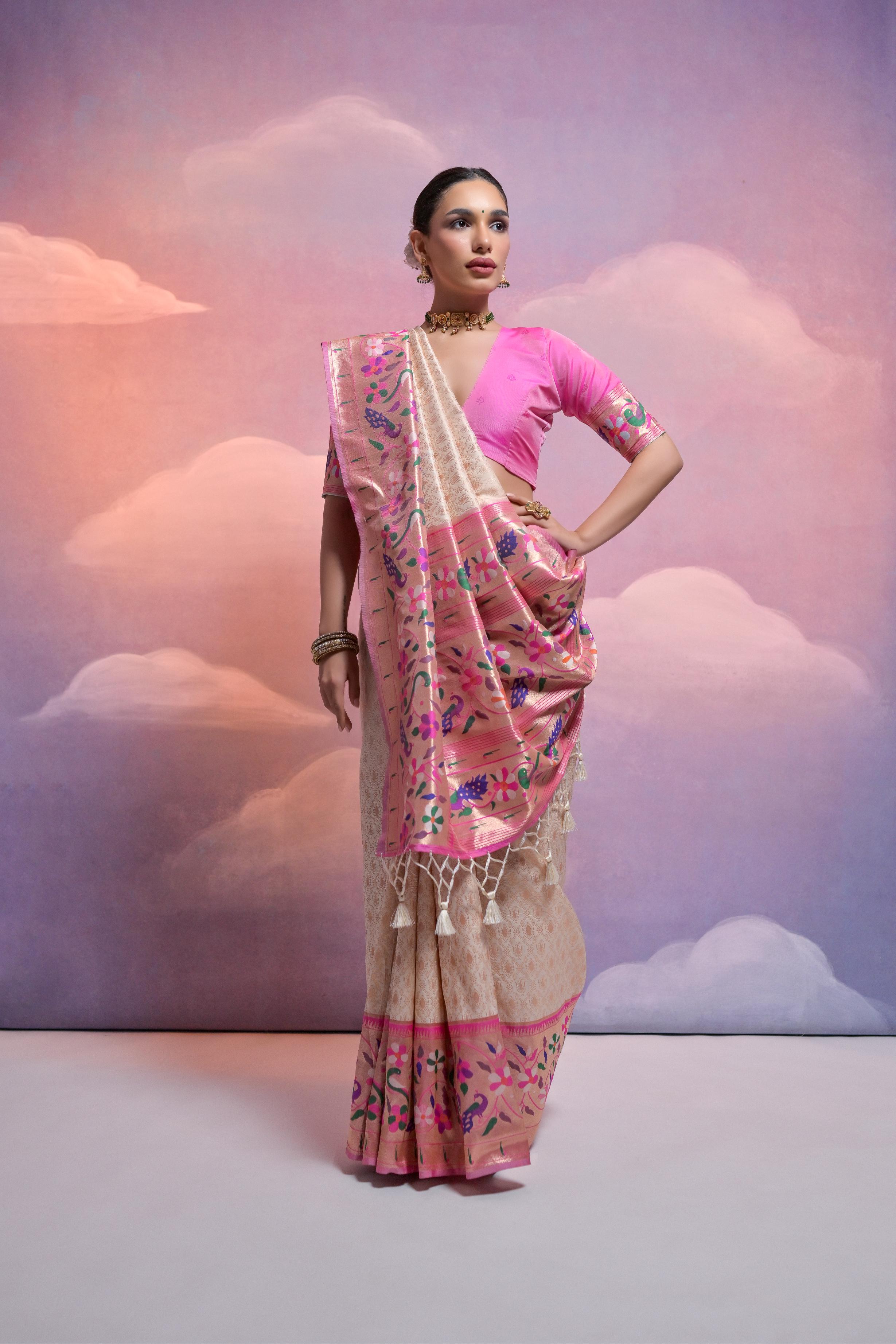 White Banarasi Silk Paithani Saree