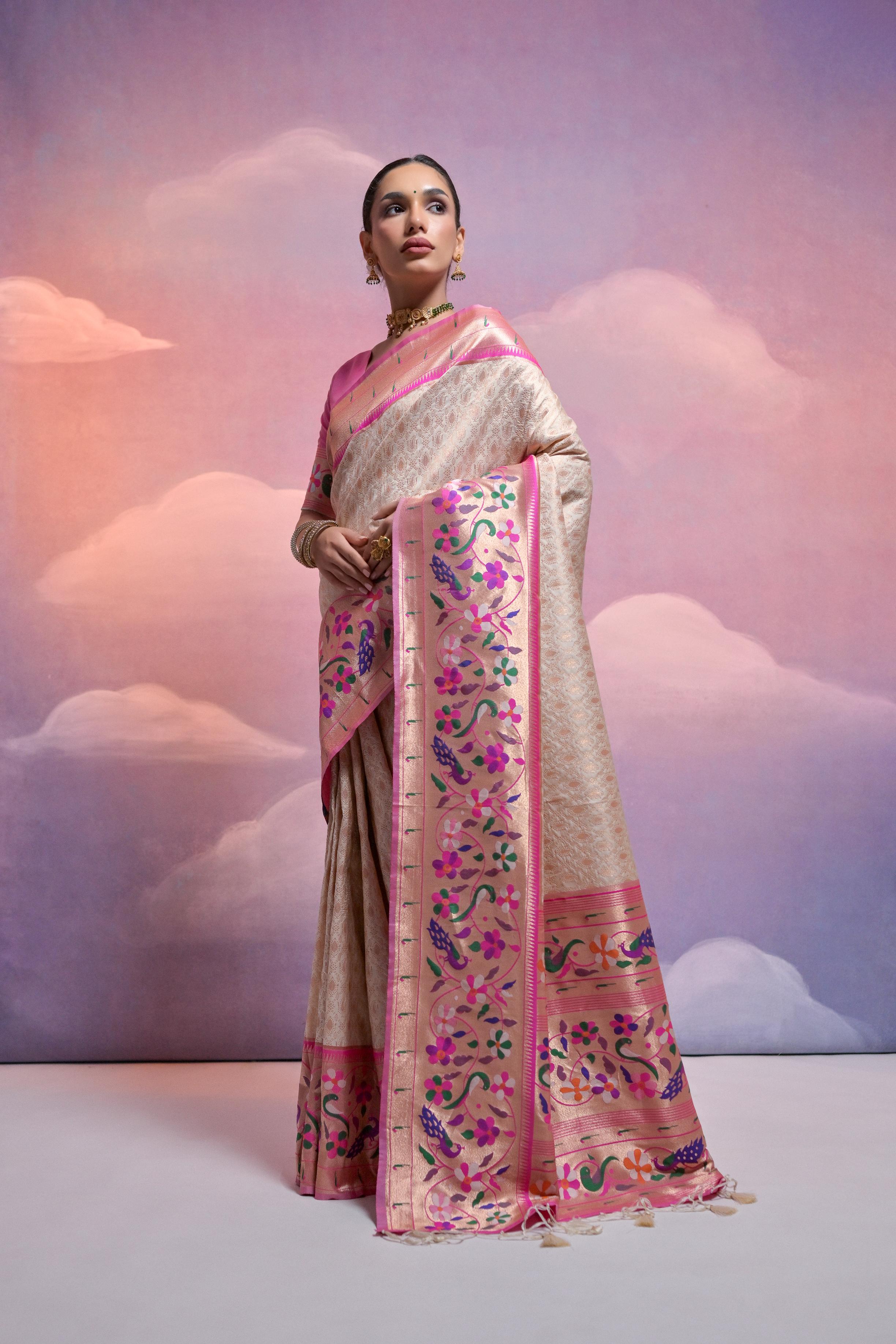 White Banarasi Silk Paithani Saree