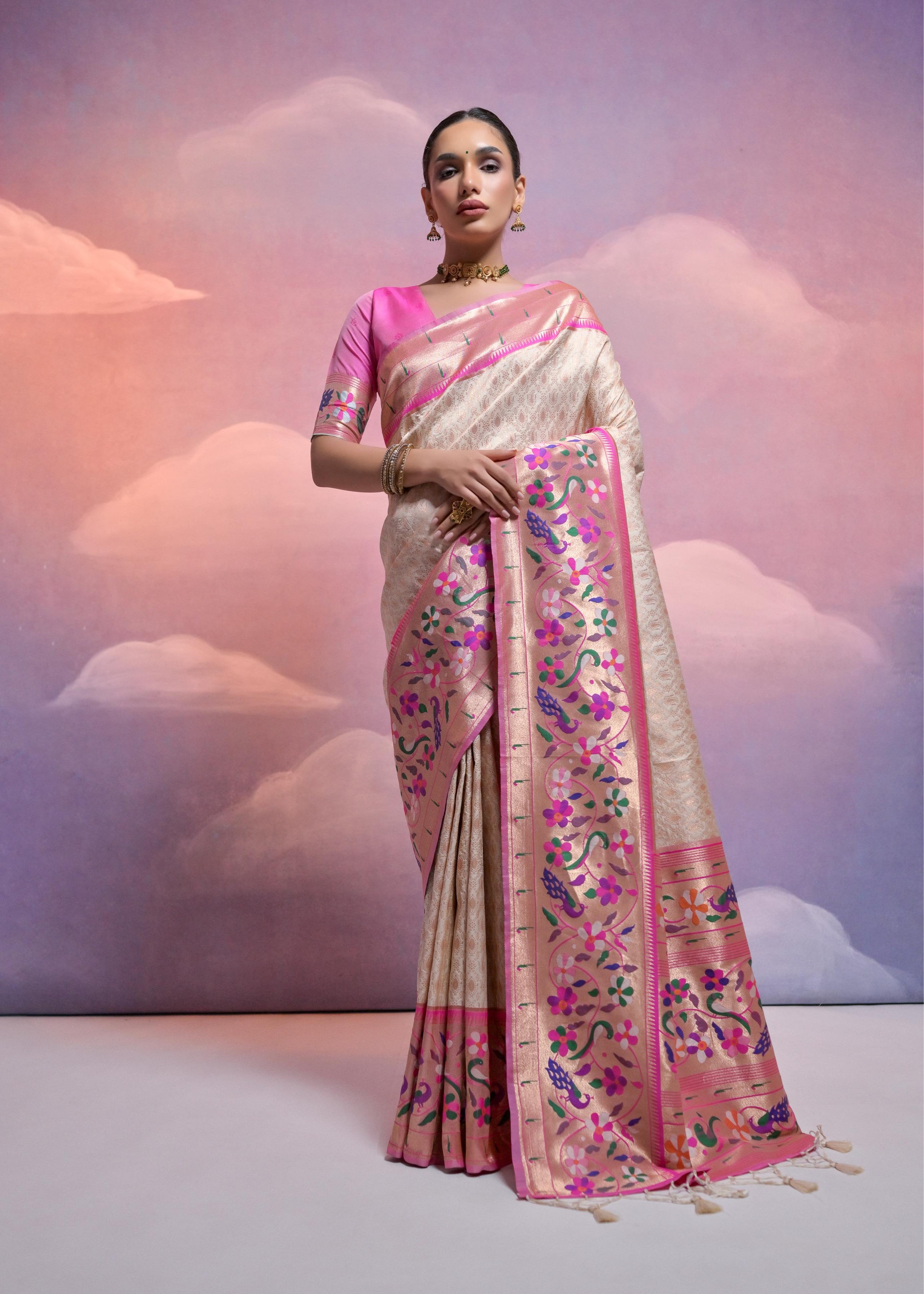 White Banarasi Silk Paithani Saree