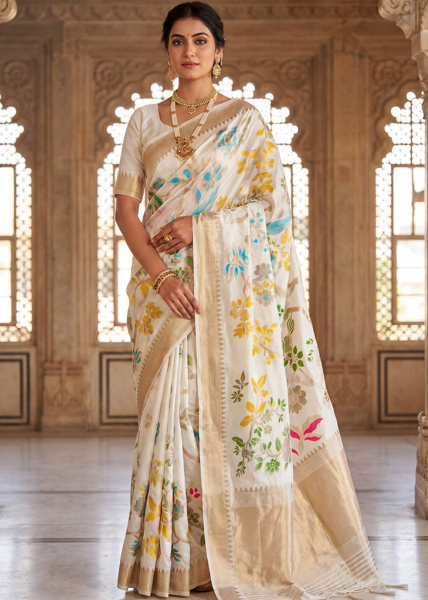 White Crepe Khadi Silk Weaving Saree