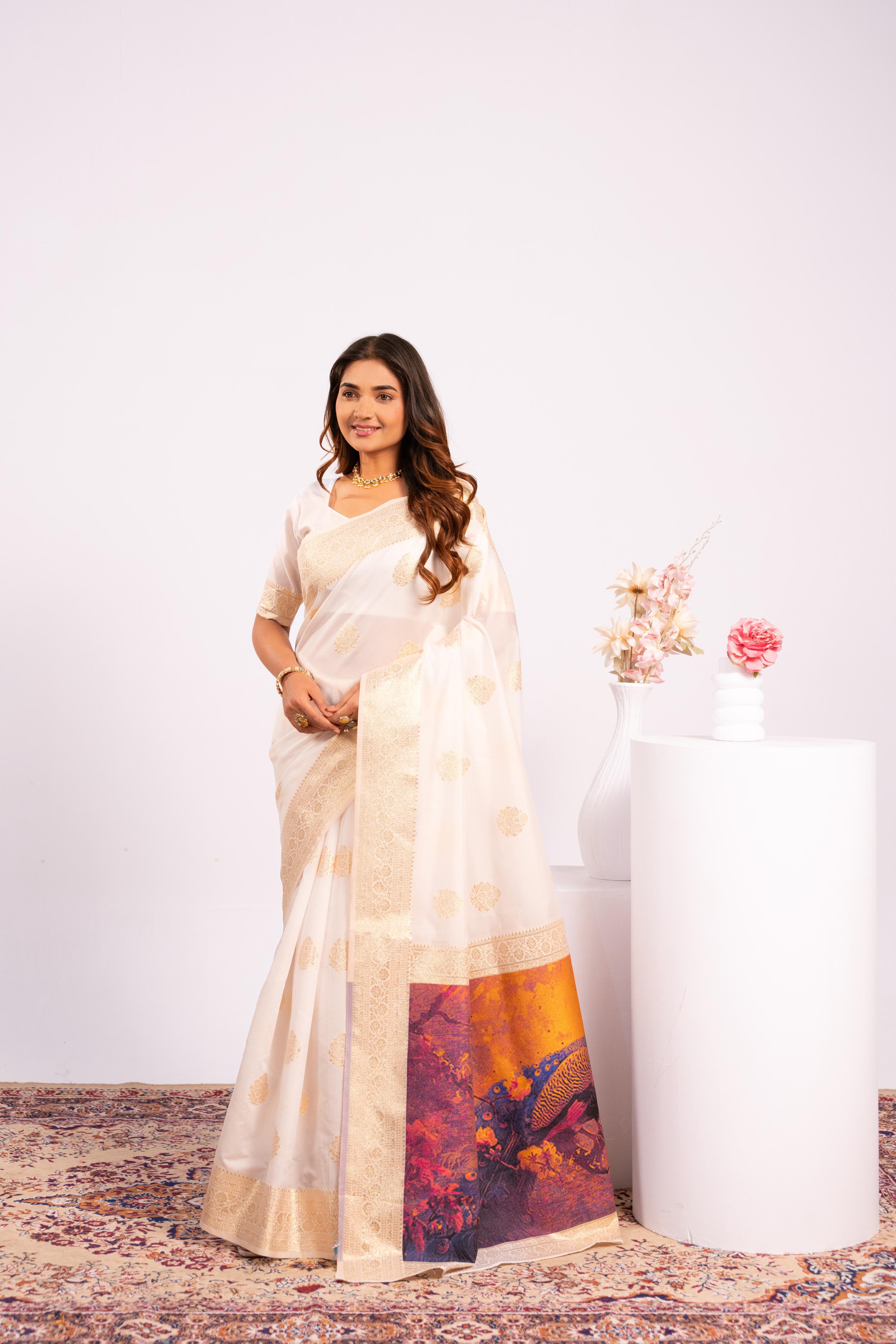 White Soft Banarasi Silk Saree