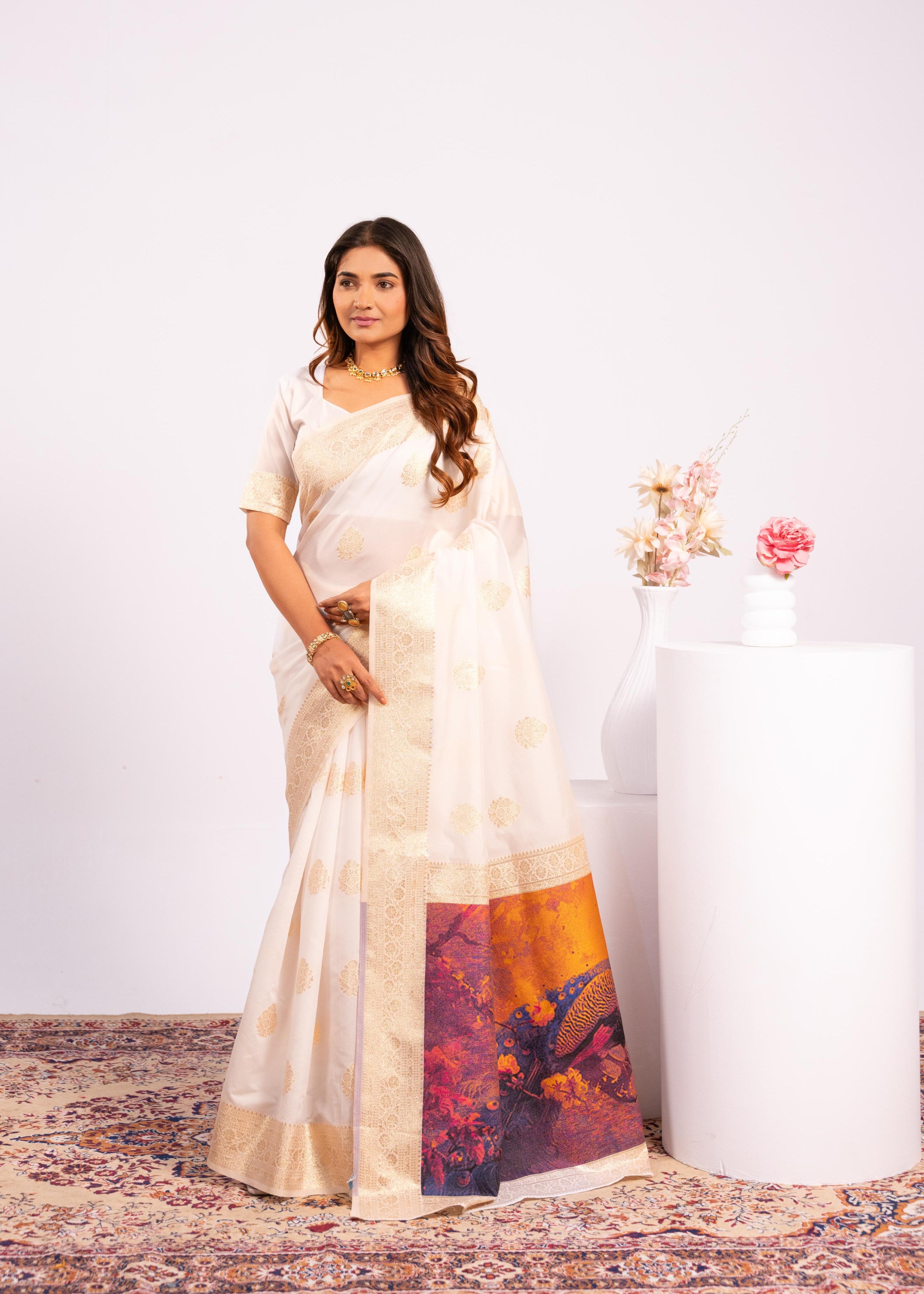 White Soft Banarasi Silk Saree