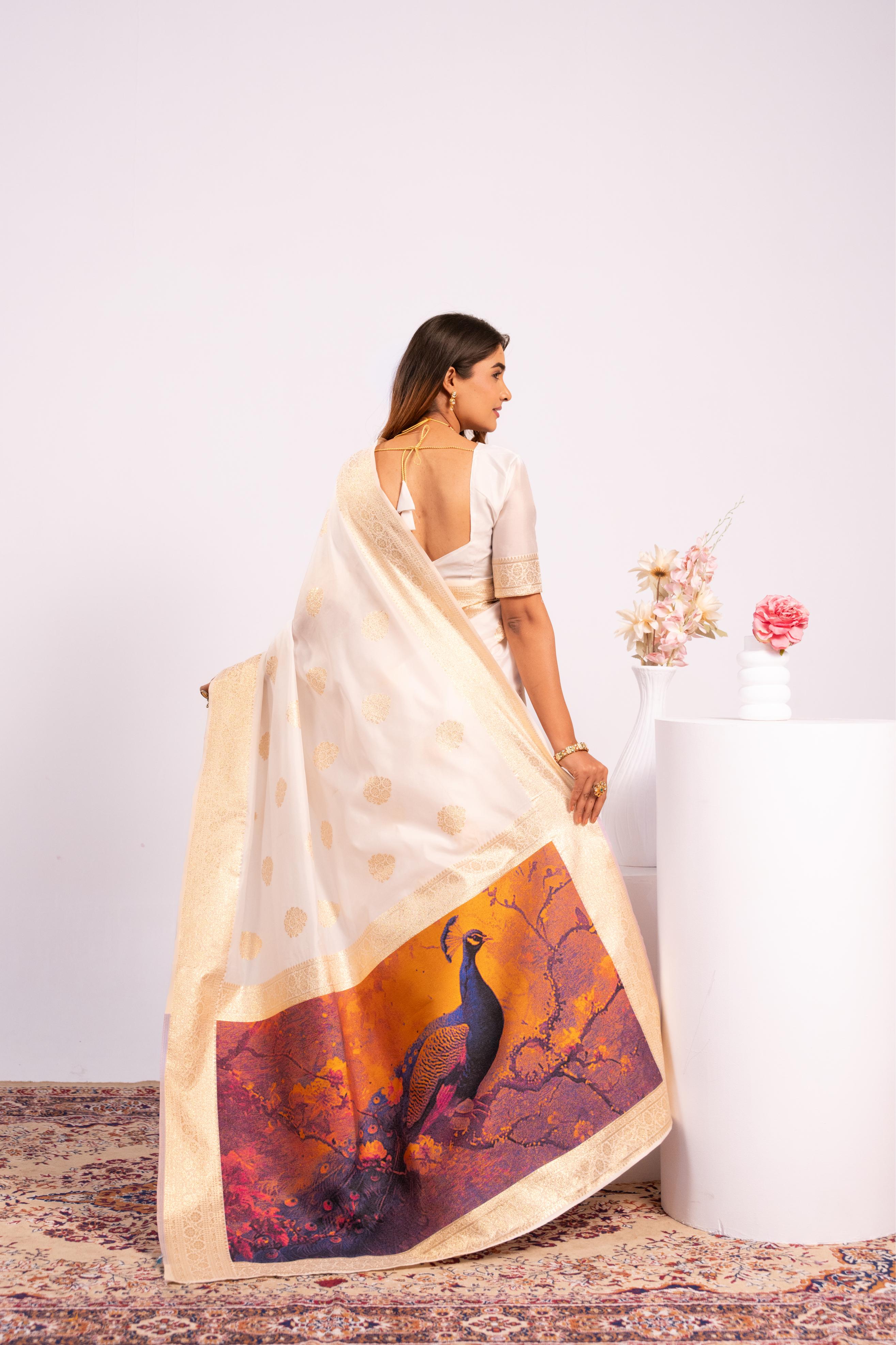 White Soft Banarasi Silk Saree