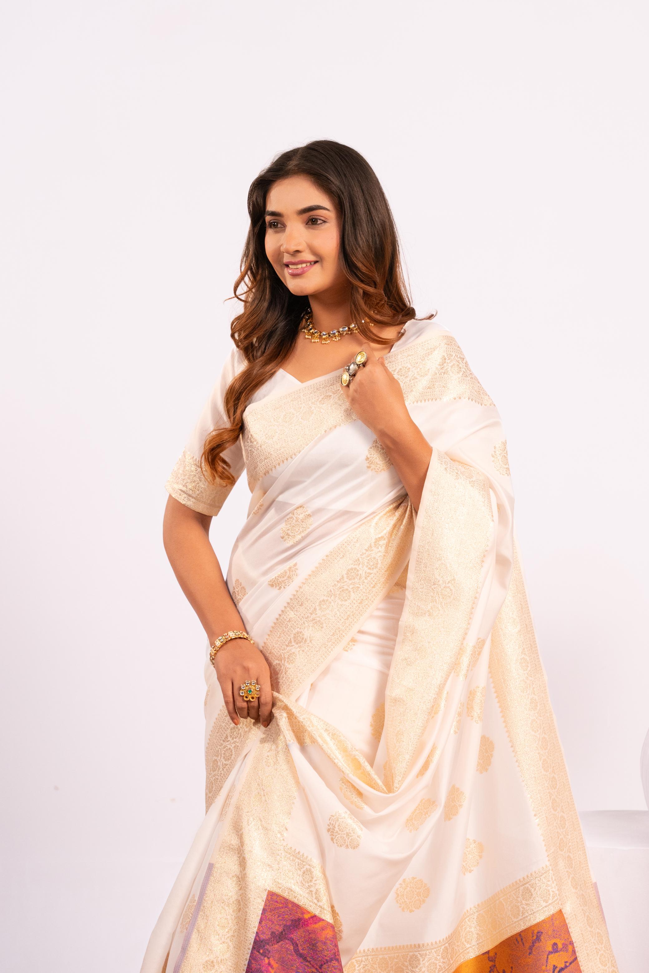 White Soft Banarasi Silk Saree