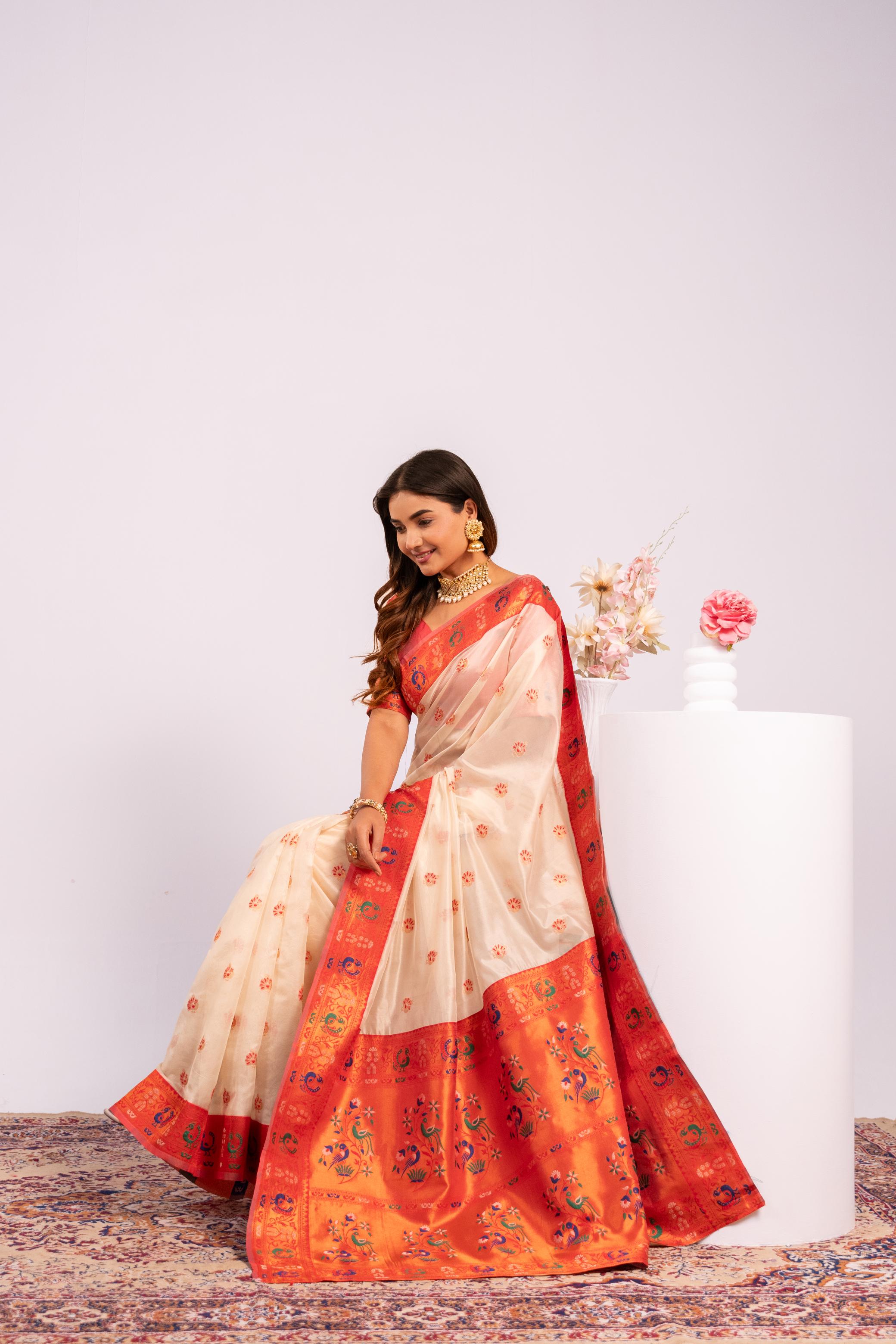 White Tissue Silk Paithani Saree