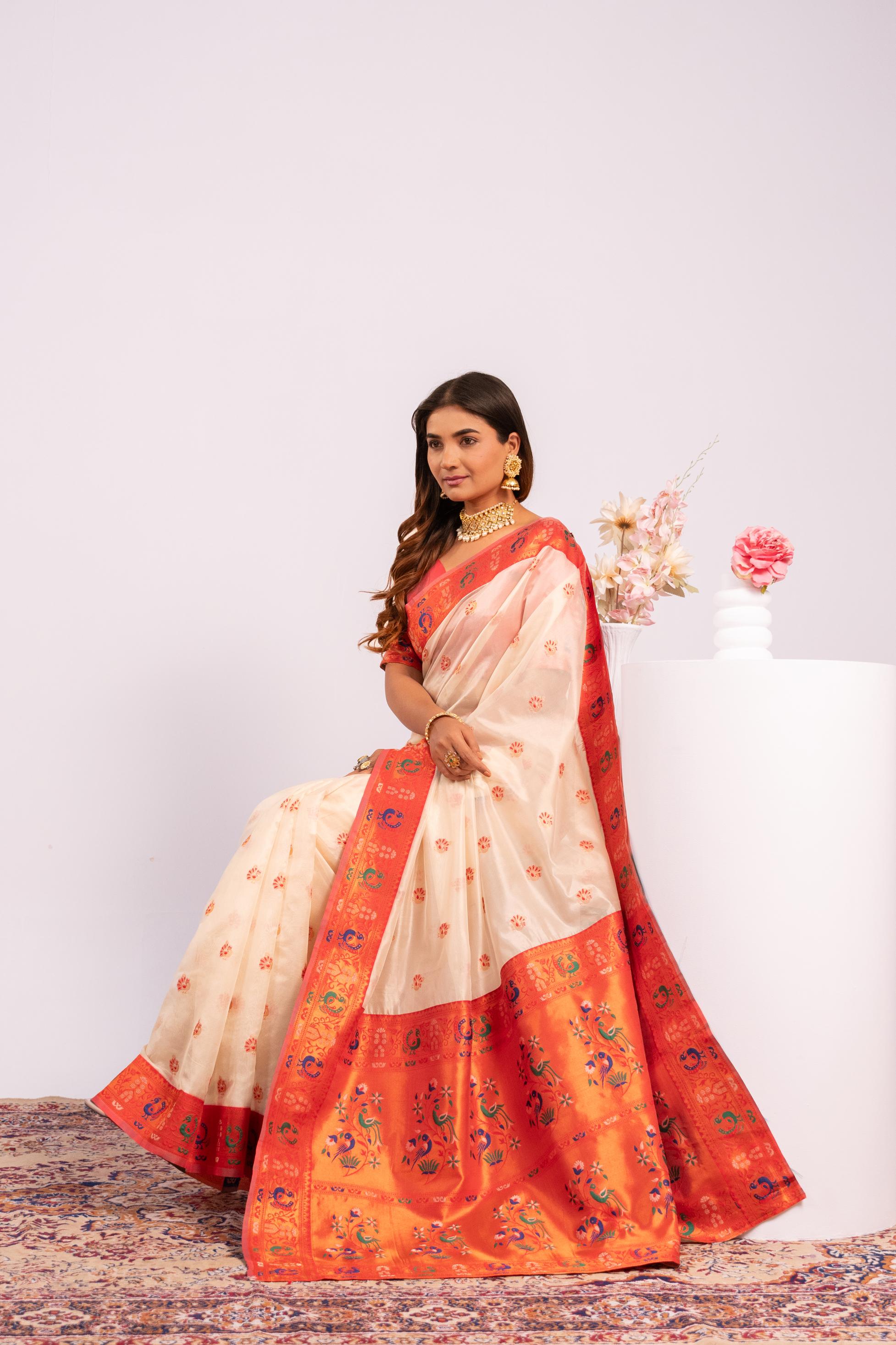 White Tissue Silk Paithani Saree