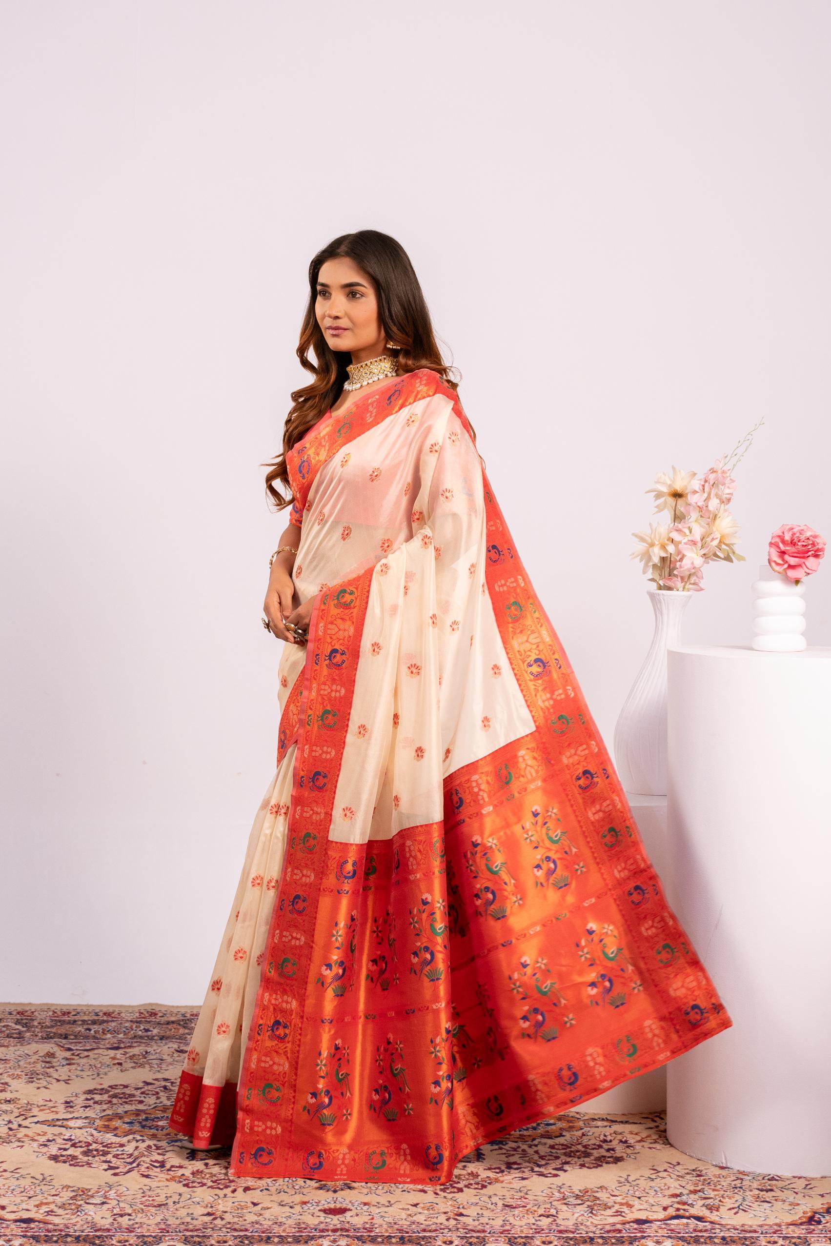 White Tissue Silk Paithani Saree