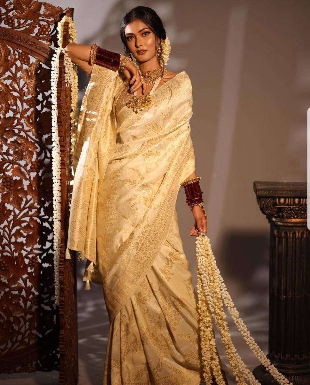 White Traditional Lichi Silk Saree