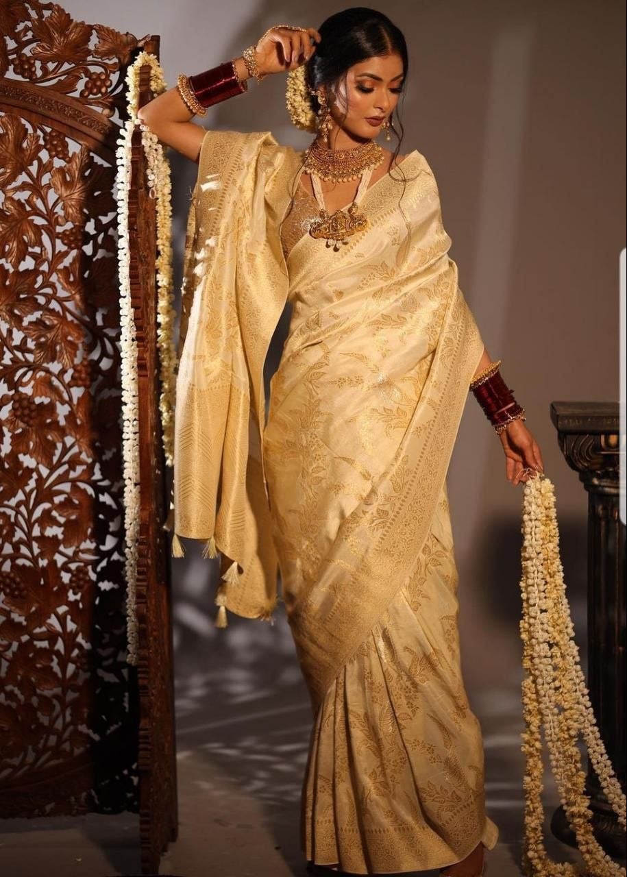 White Traditional Lichi Silk Saree