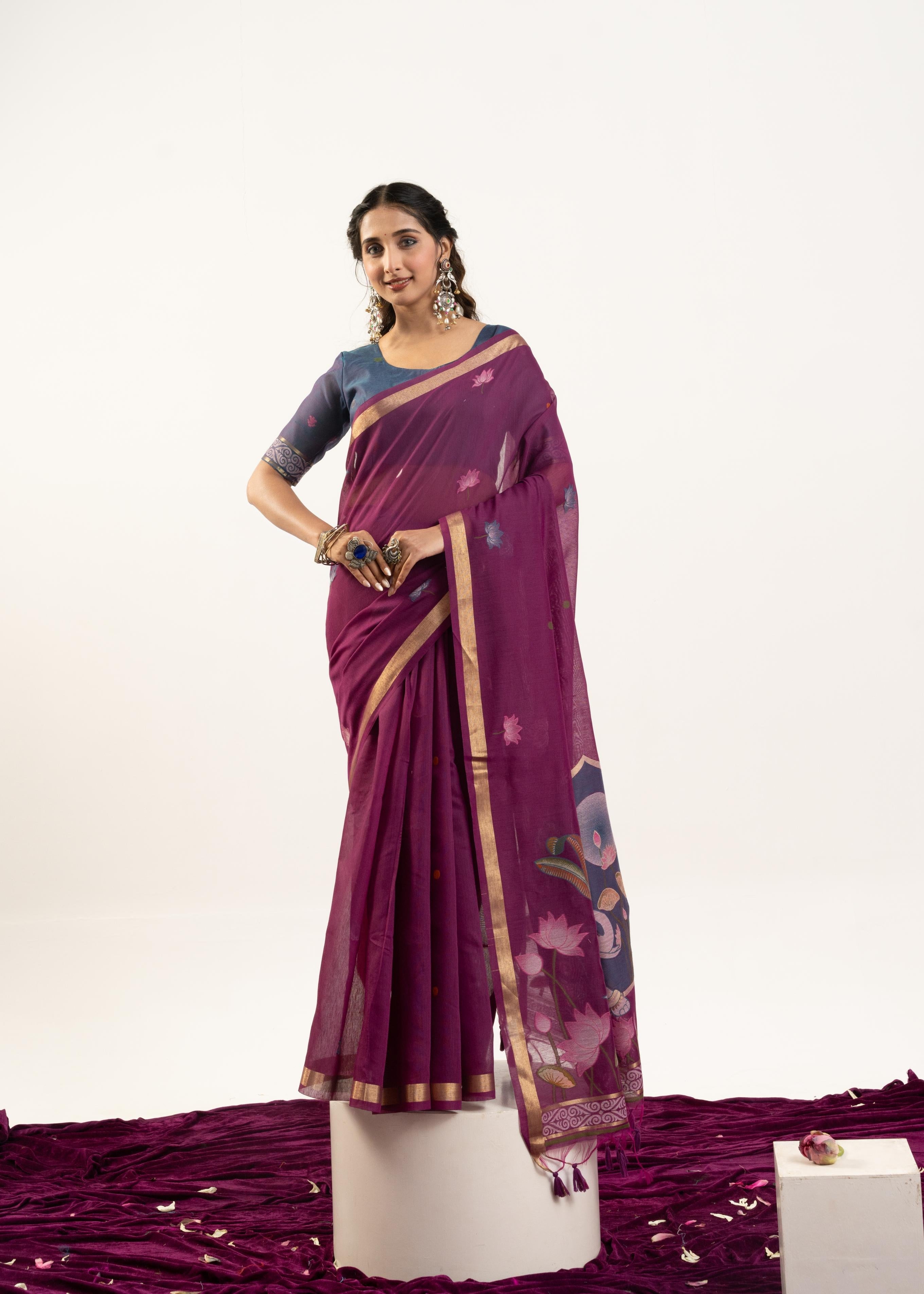 Wine Designer Muga Cotton Saree