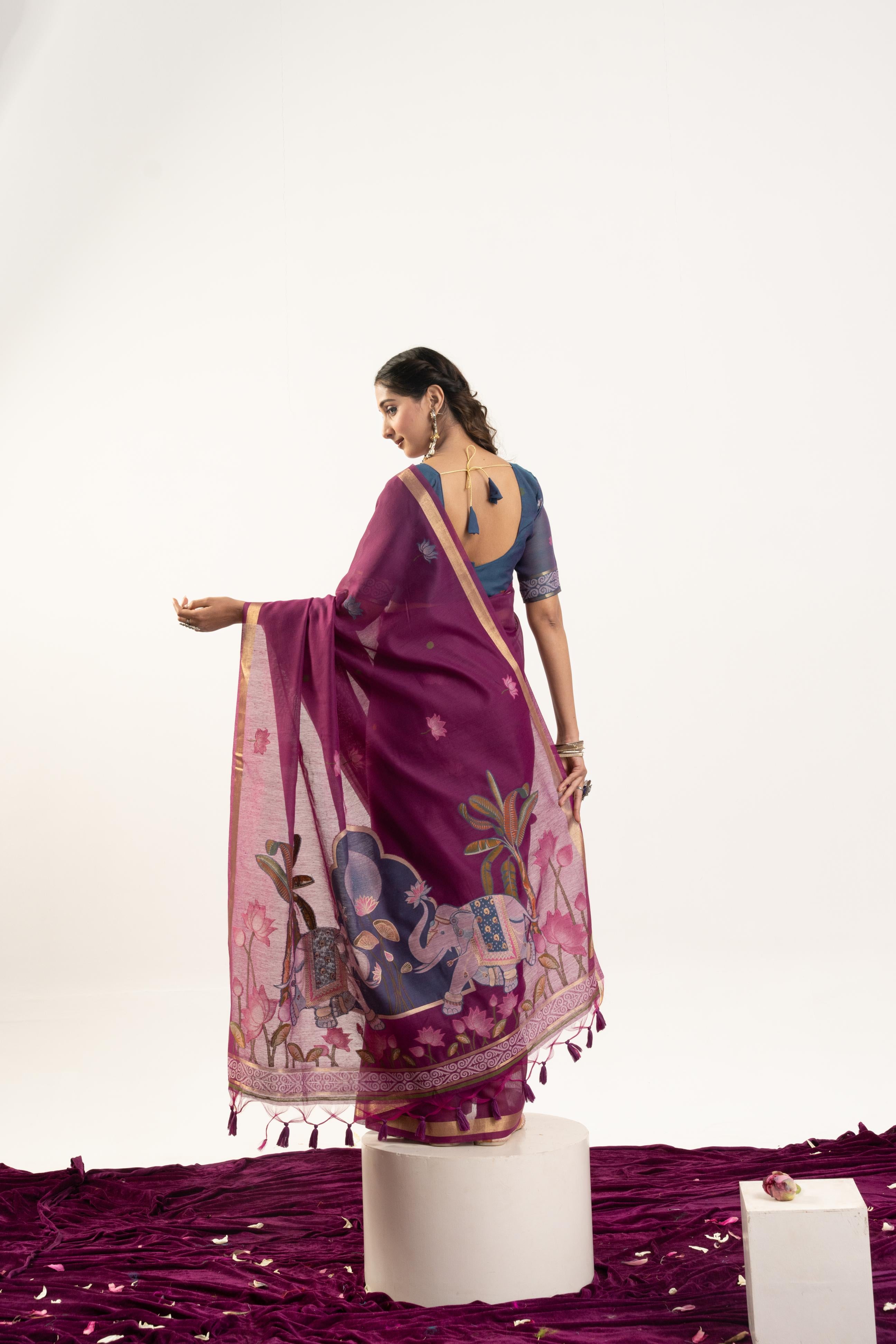 Wine Designer Muga Cotton Saree