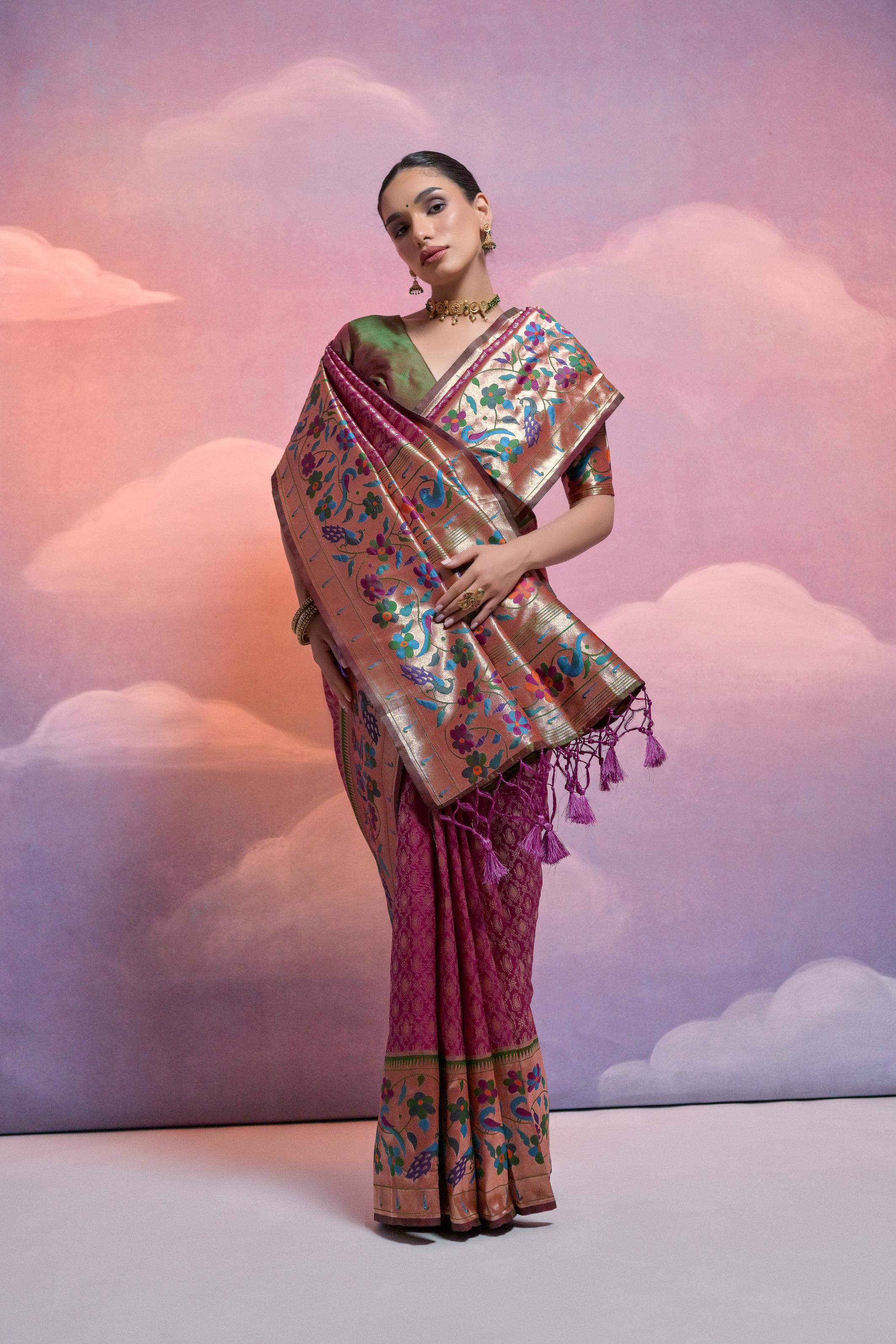 Wine Banarasi Silk Paithani Saree