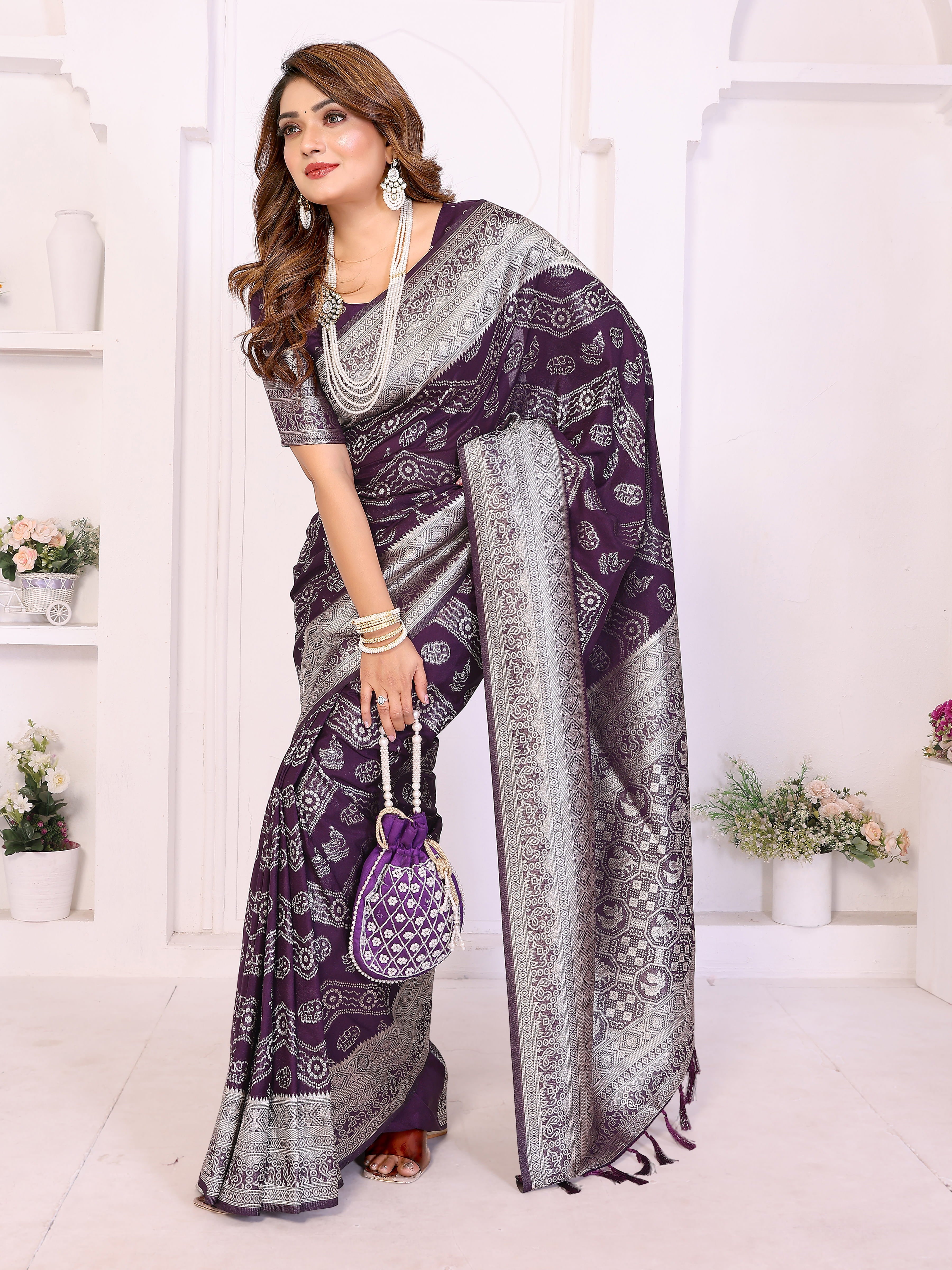 Wine Berry Georgette Silk Leheriya Zari Weaving Saree