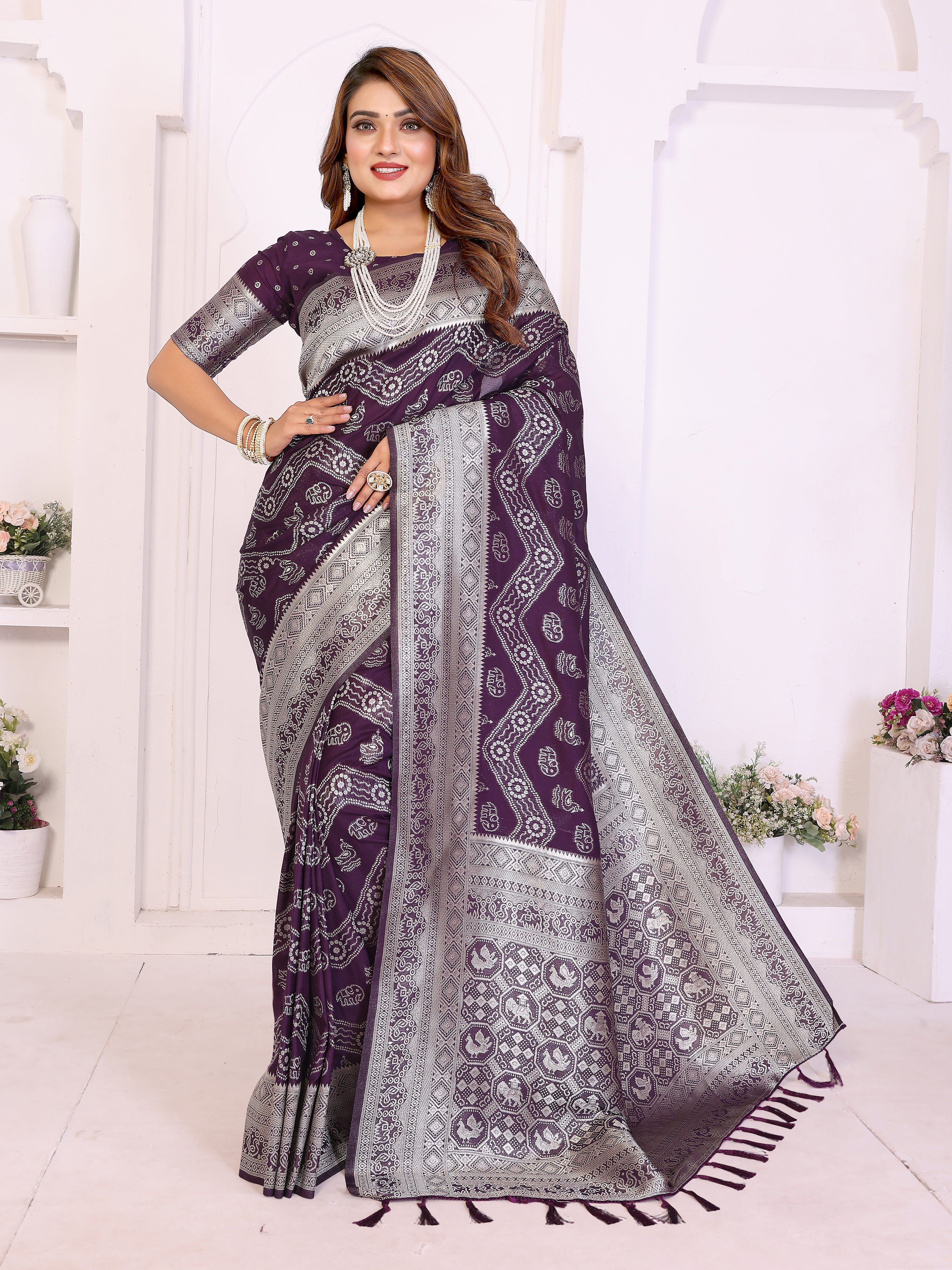 Wine Berry Georgette Silk Leheriya Zari Weaving Saree