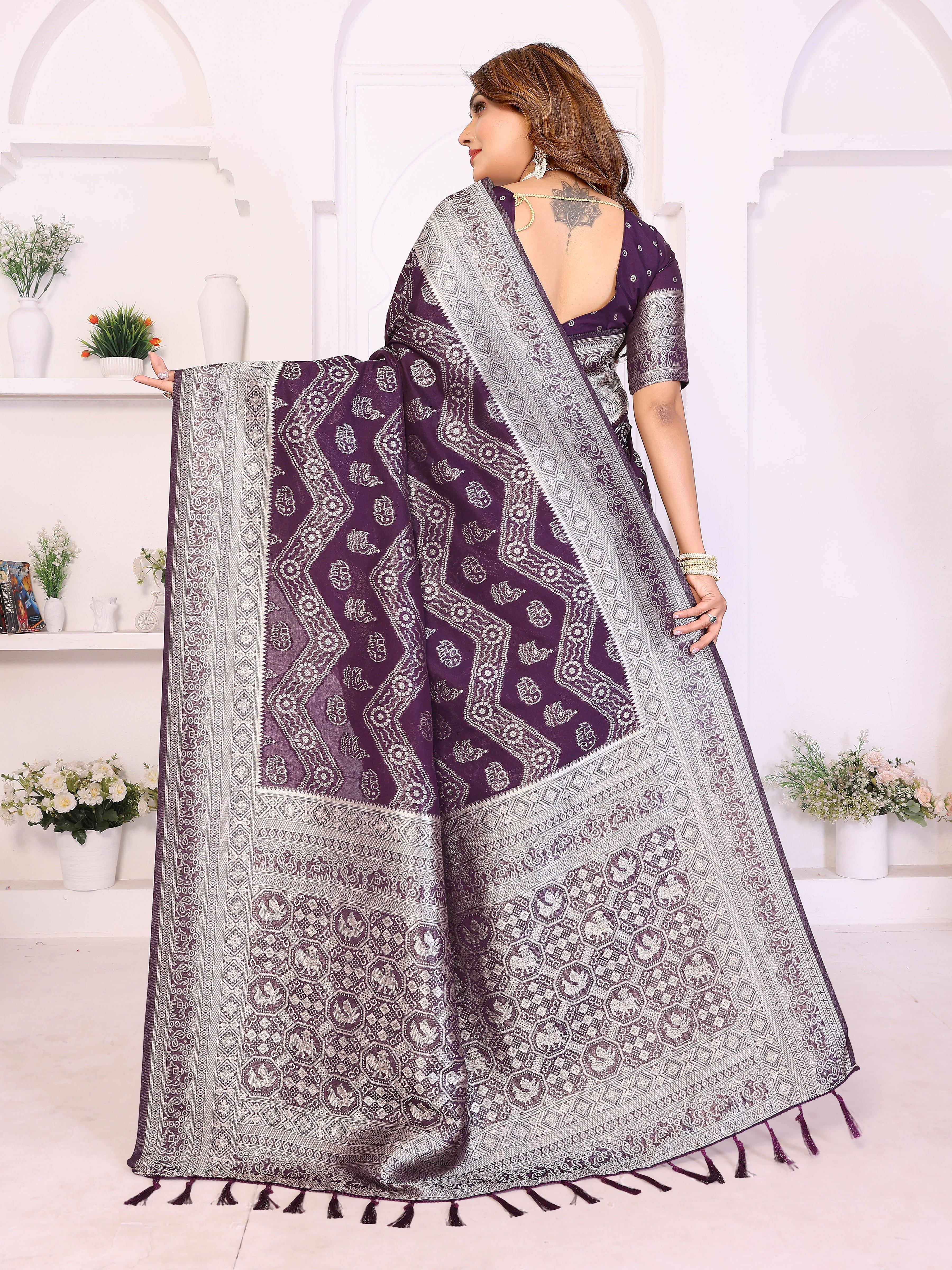 Wine Berry Georgette Silk Leheriya Zari Weaving Saree