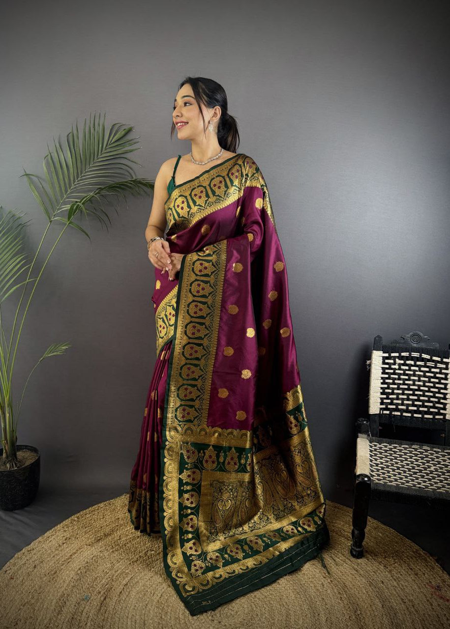 Wine Berry Pure Soft Banarasi Silk Saree