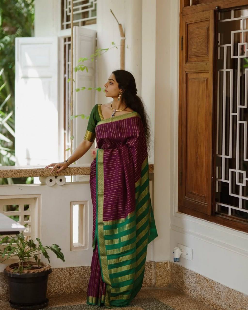 Wine Berry Traditional Lichi Silk Saree