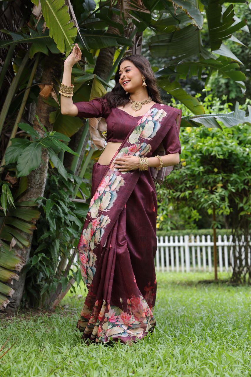 Wine Lotus Printed Soft Tussar Silk Saree
