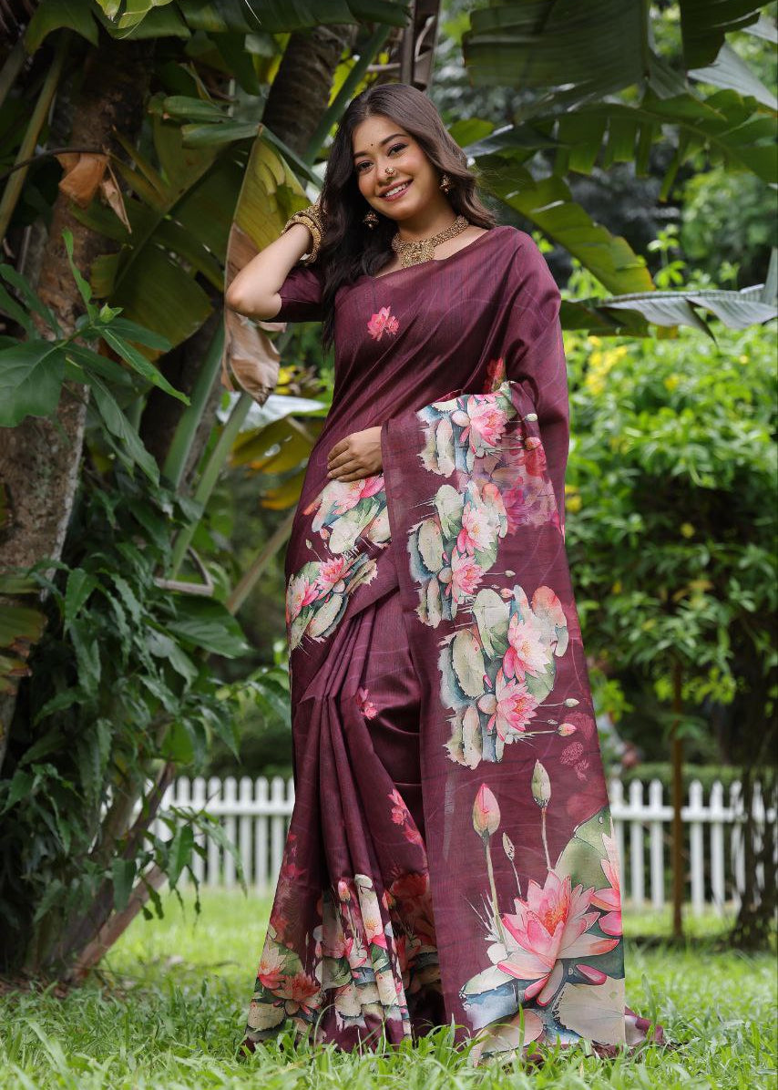 Wine Lotus Printed Soft Tussar Silk Saree