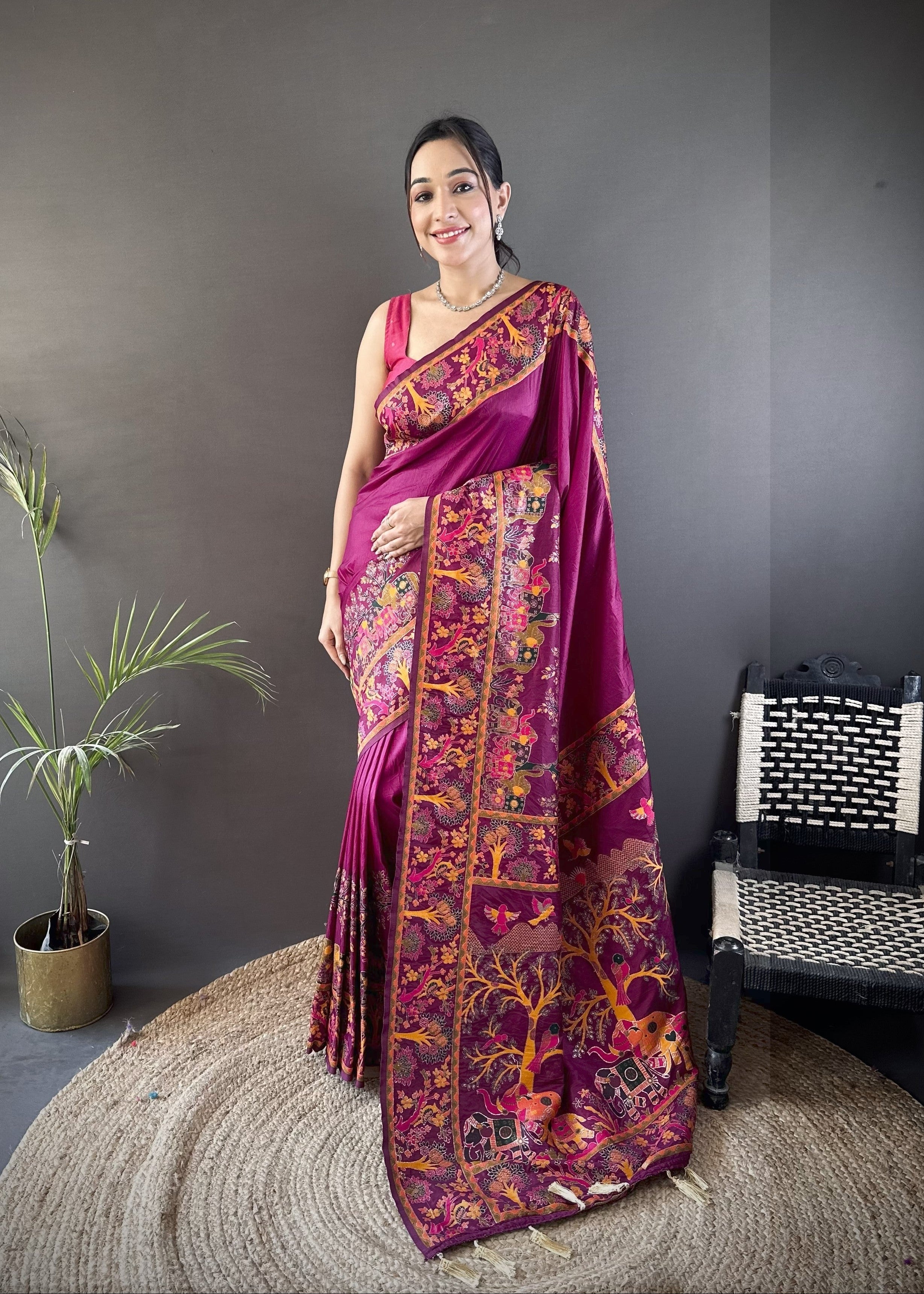 Wine Pashmina Kashmiri Saree