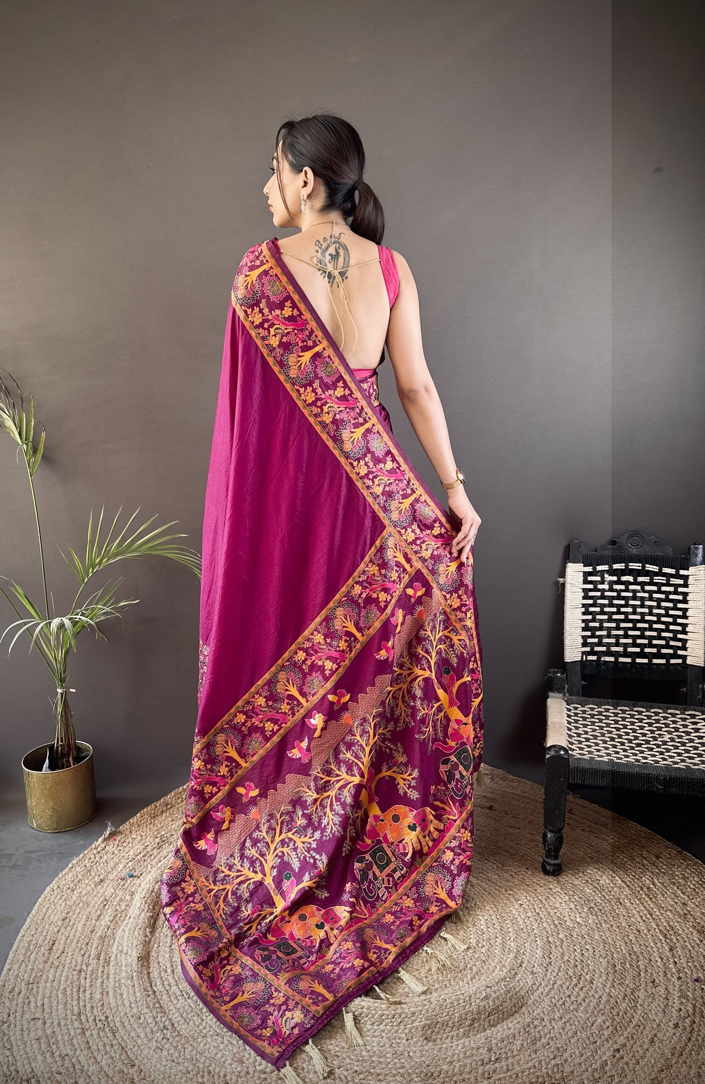 Wine Pashmina Kashmiri Saree