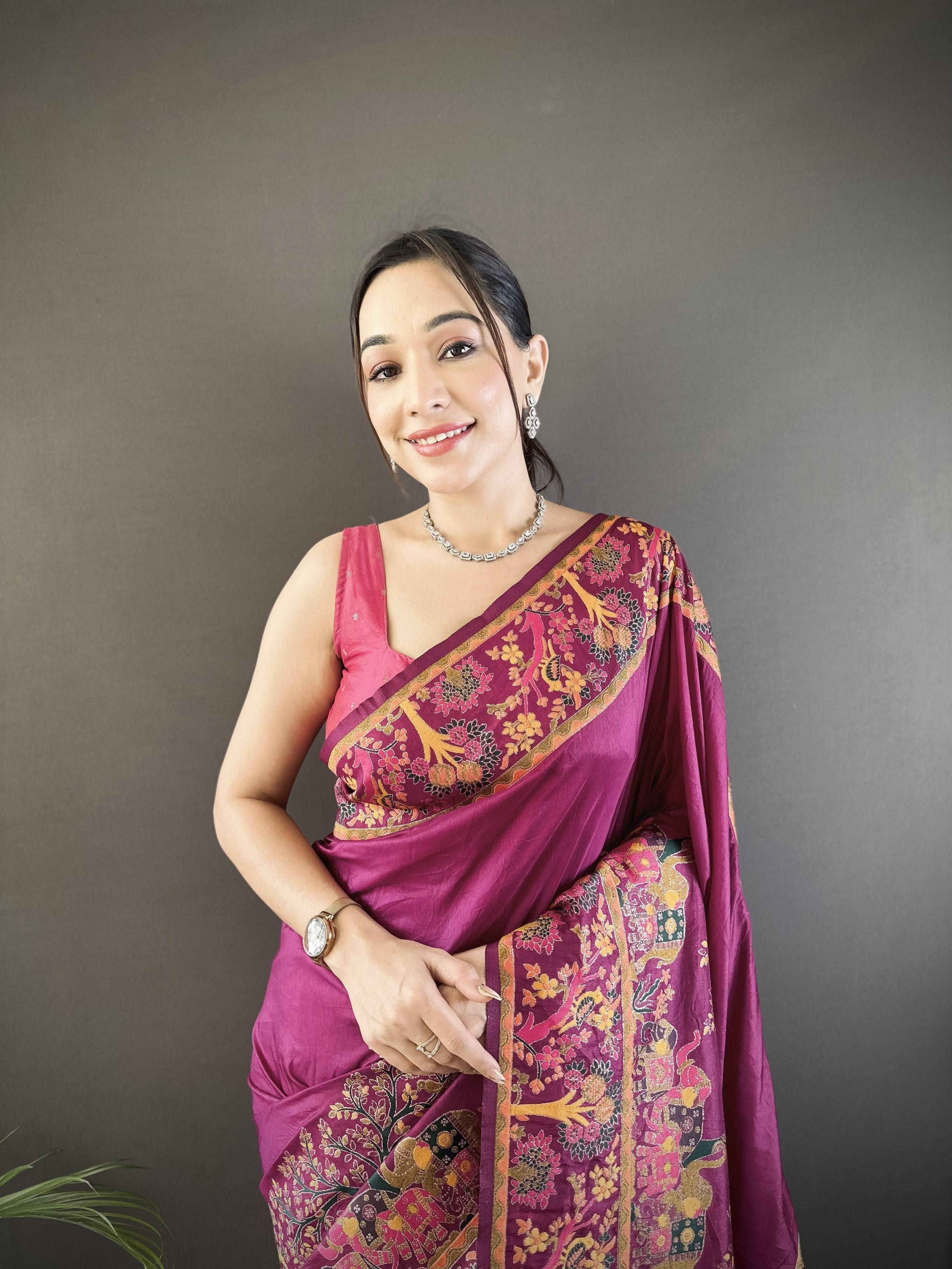 Wine Pashmina Kashmiri Saree