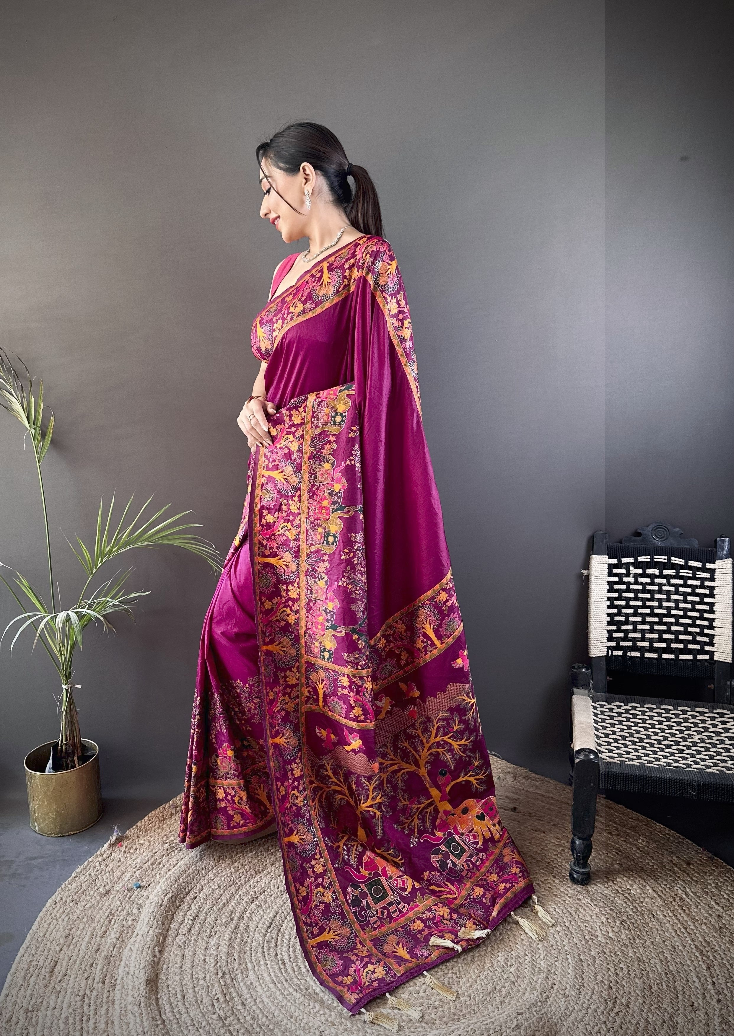 Wine Pashmina Kashmiri Saree