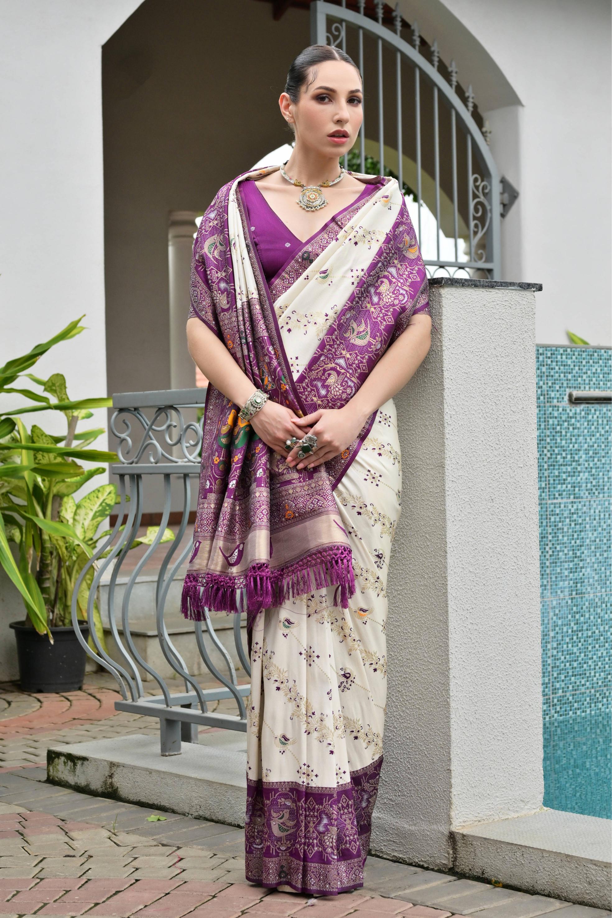 Wine Soft Banarasi Silk Patola And Ajarakh Saree
