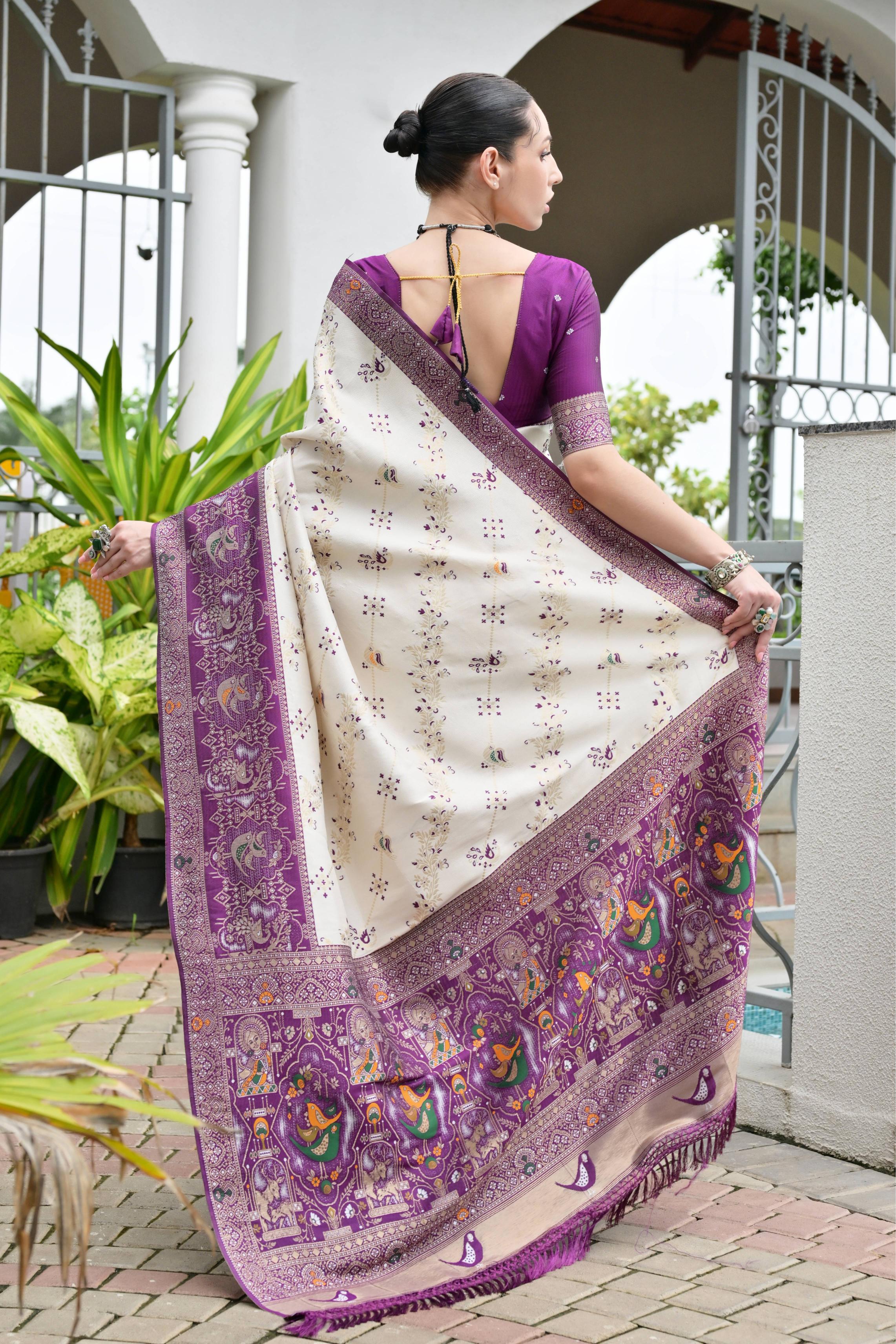 Wine Soft Banarasi Silk Patola And Ajarakh Saree