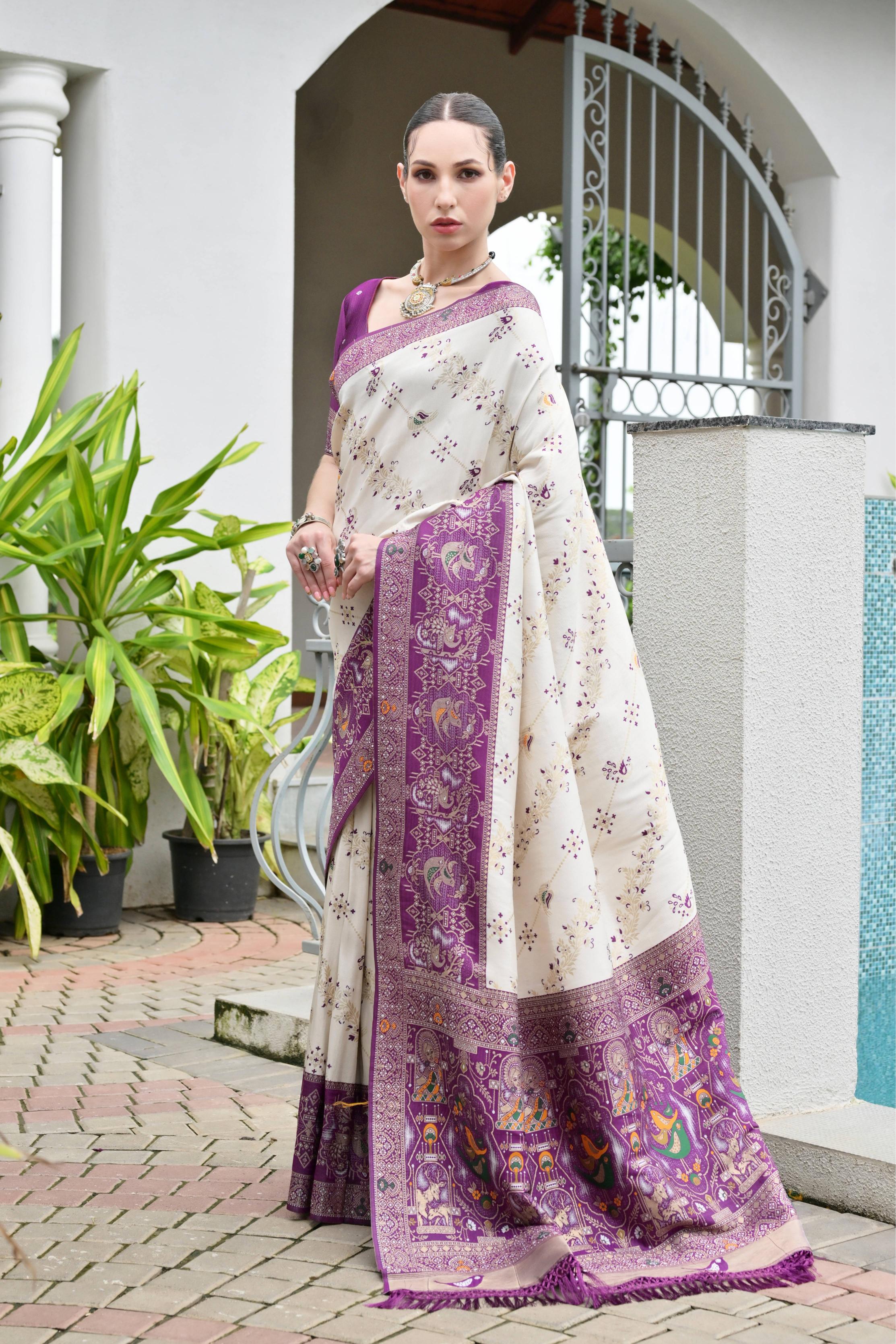Wine Soft Banarasi Silk Patola And Ajarakh Saree