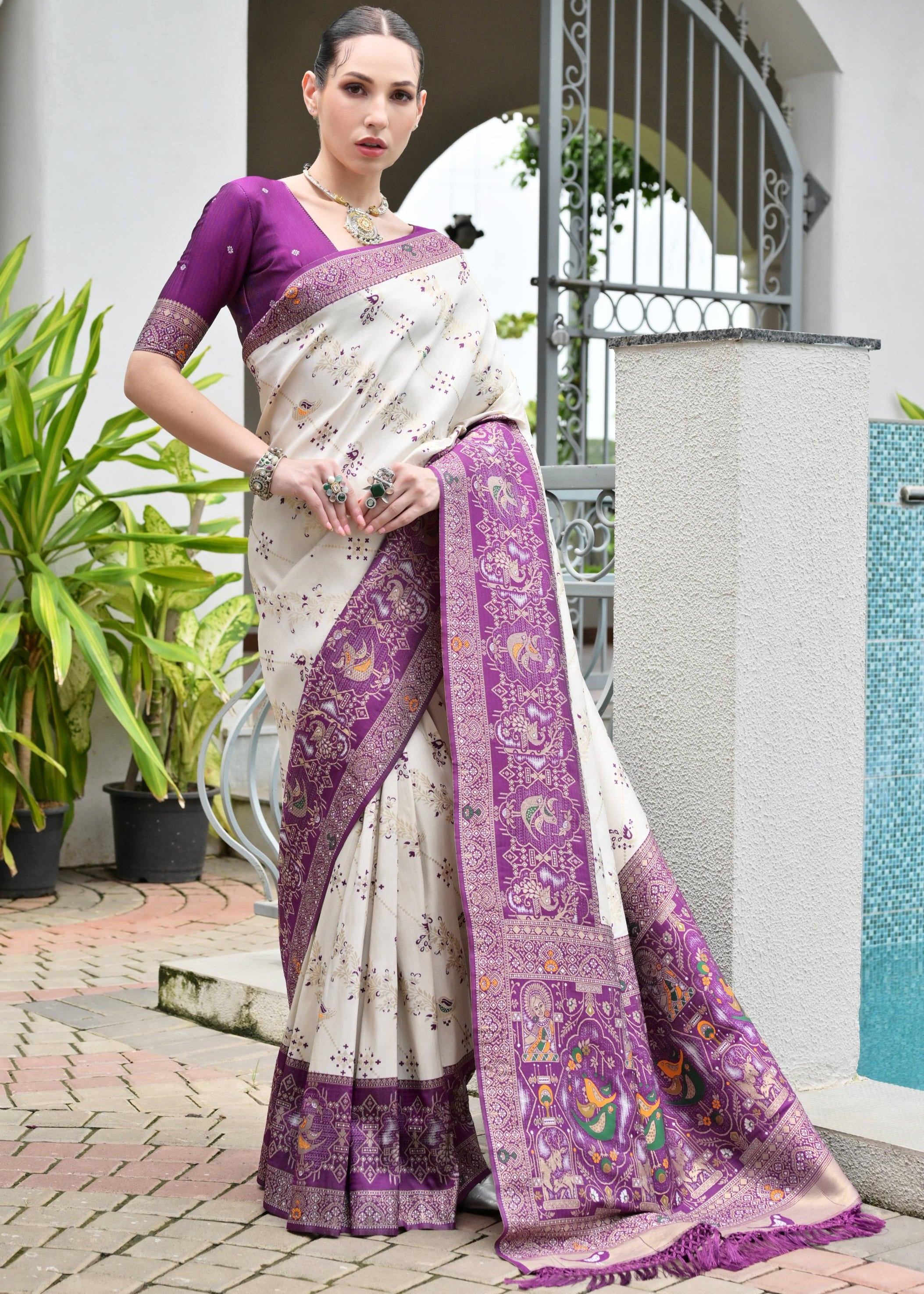 Wine Soft Banarasi Silk Patola And Ajarakh Saree