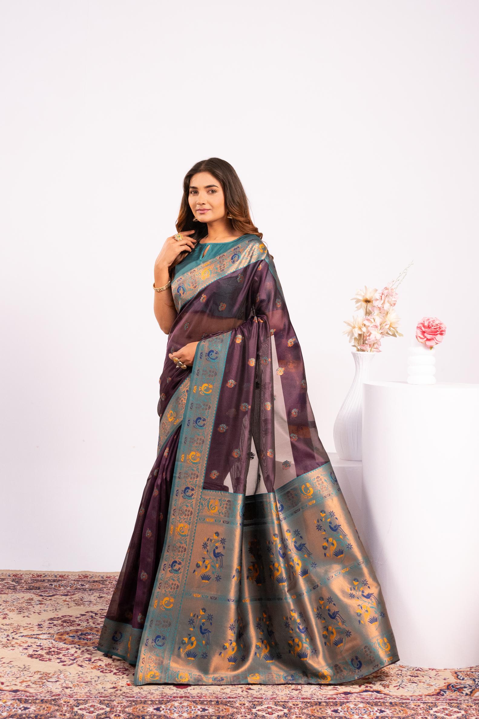 Wine Tissue Silk Paithani Saree
