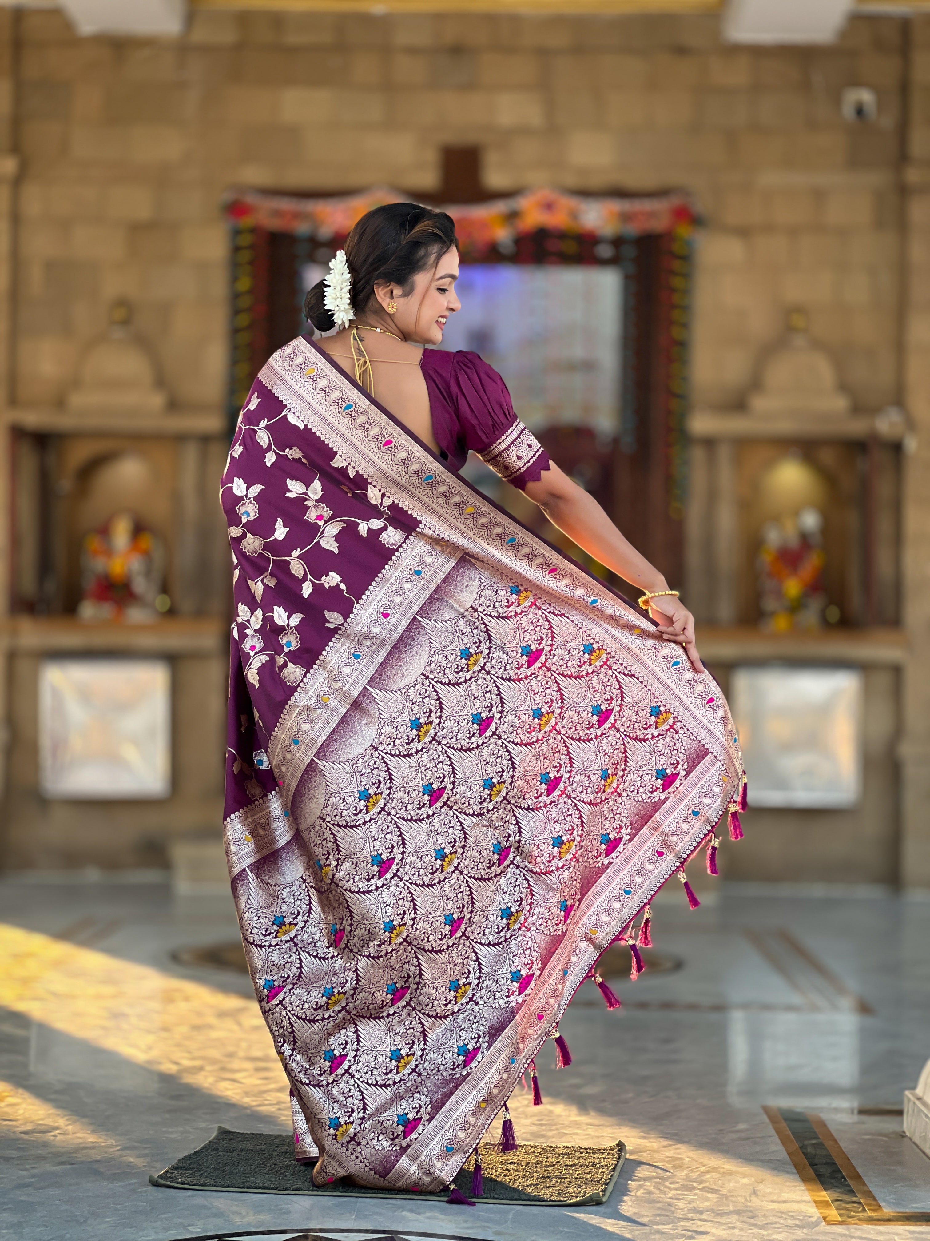 Wine Wedding Wear Soft Banarasi Silk Saree