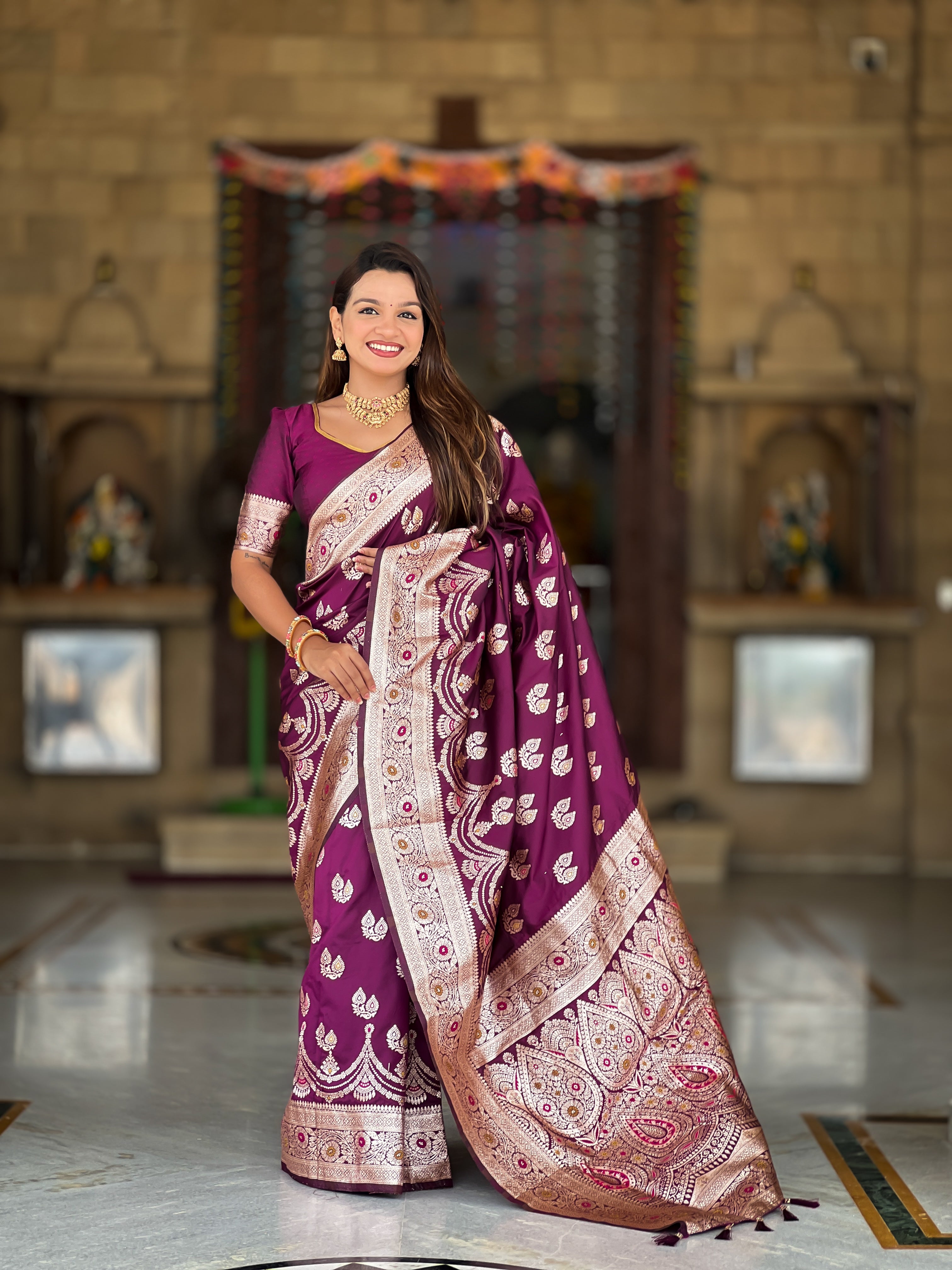 Wine Wedding Wear Soft Banarasi Silk Saree