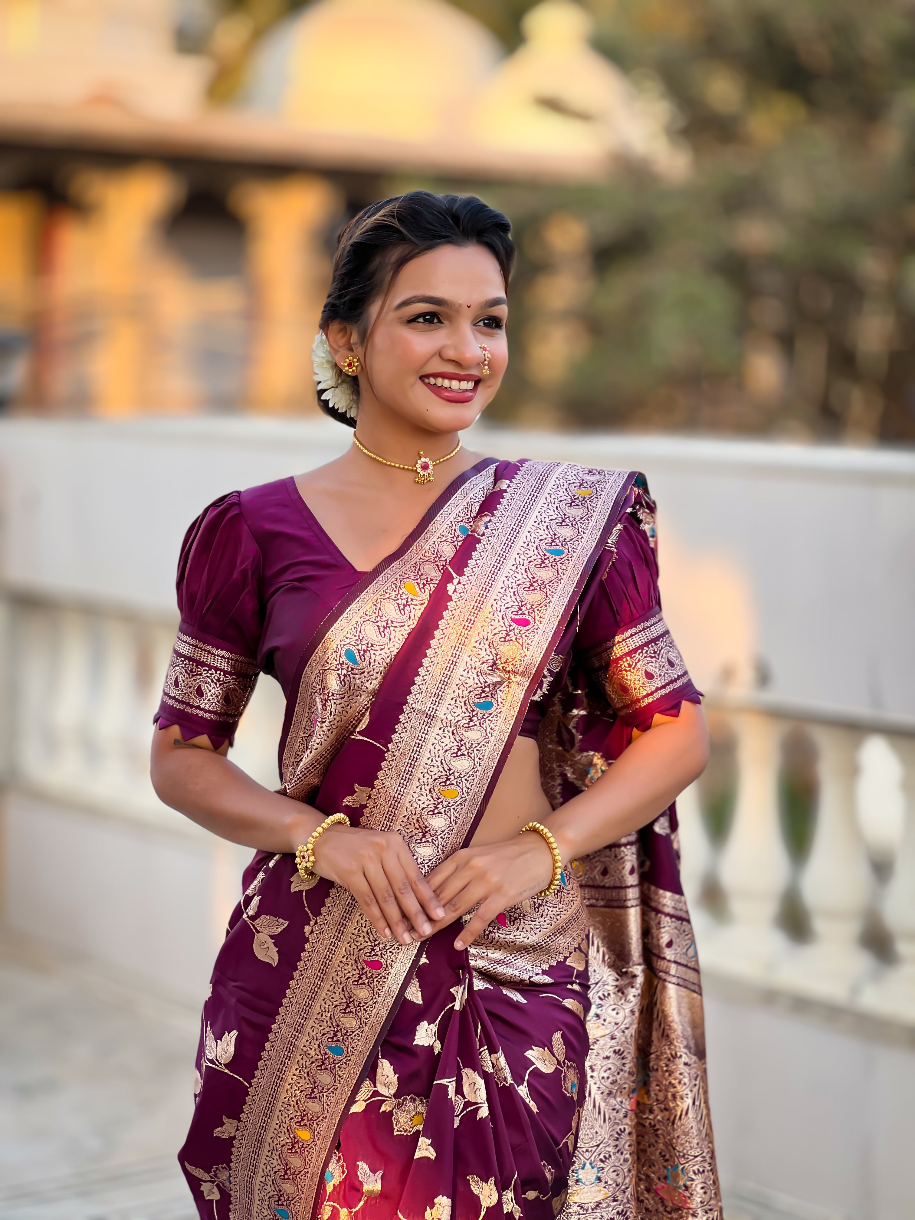 Wine Wedding Wear Soft Banarasi Silk Saree
