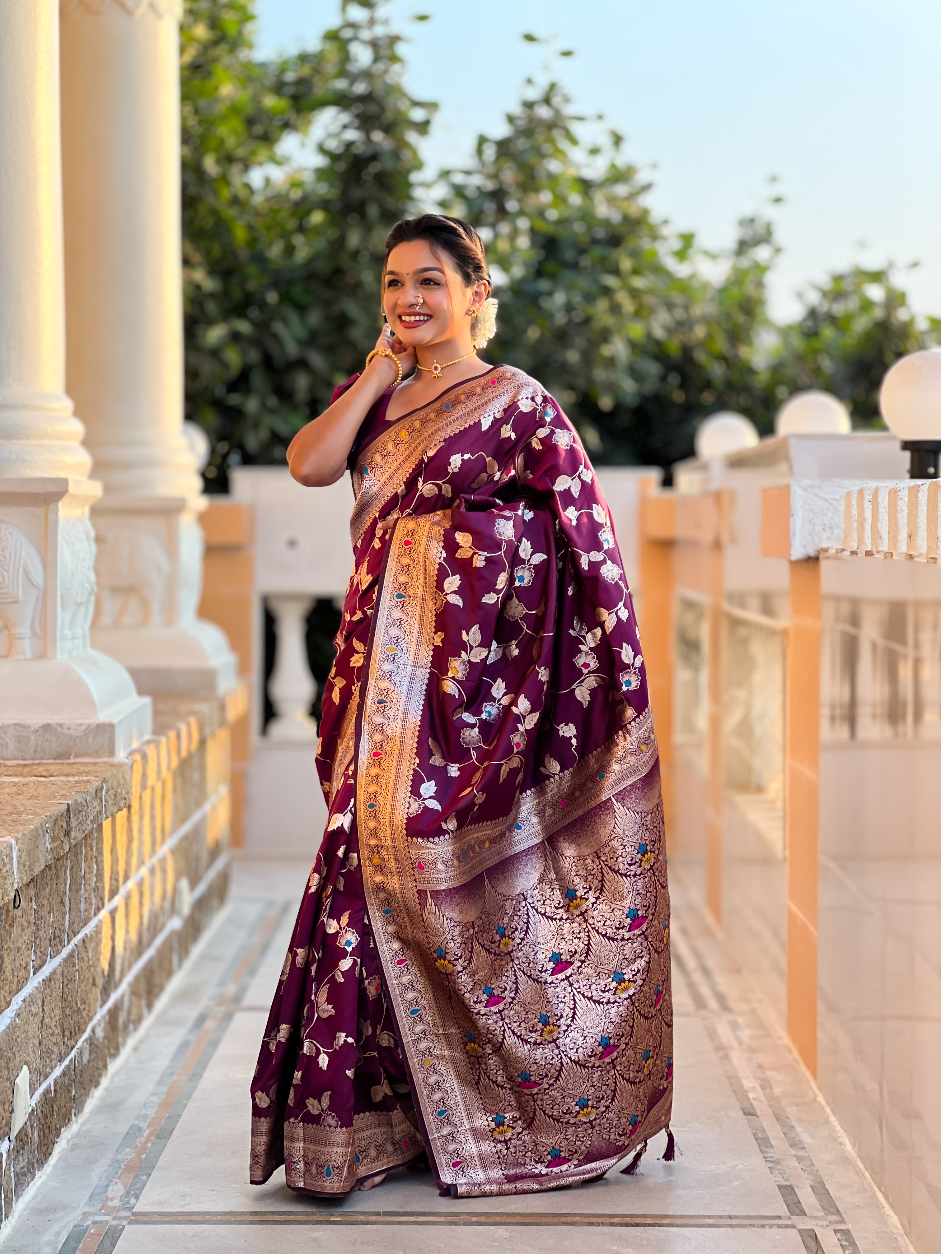 Wine Wedding Wear Soft Banarasi Silk Saree