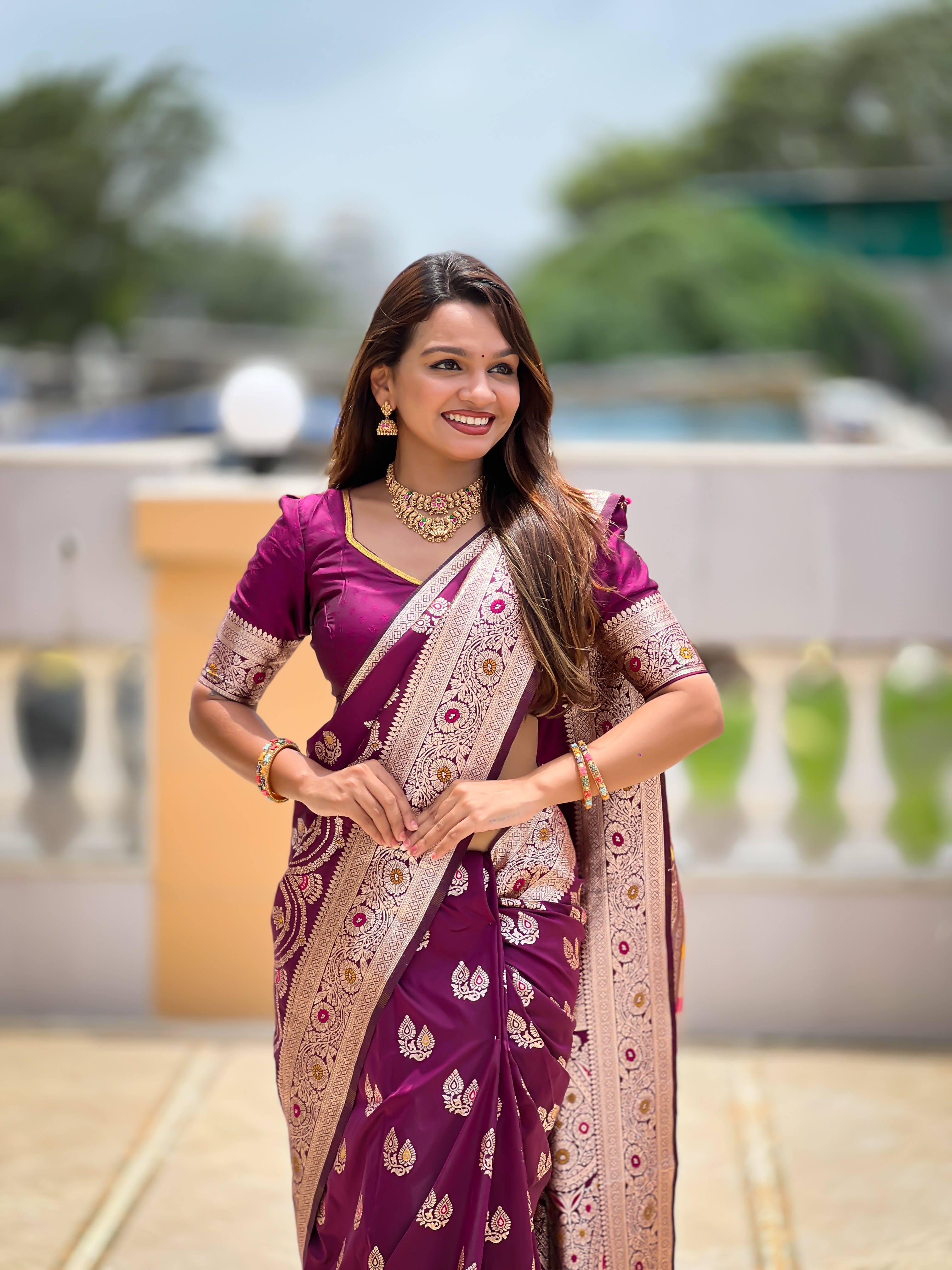 Wine Wedding Wear Soft Banarasi Silk Saree