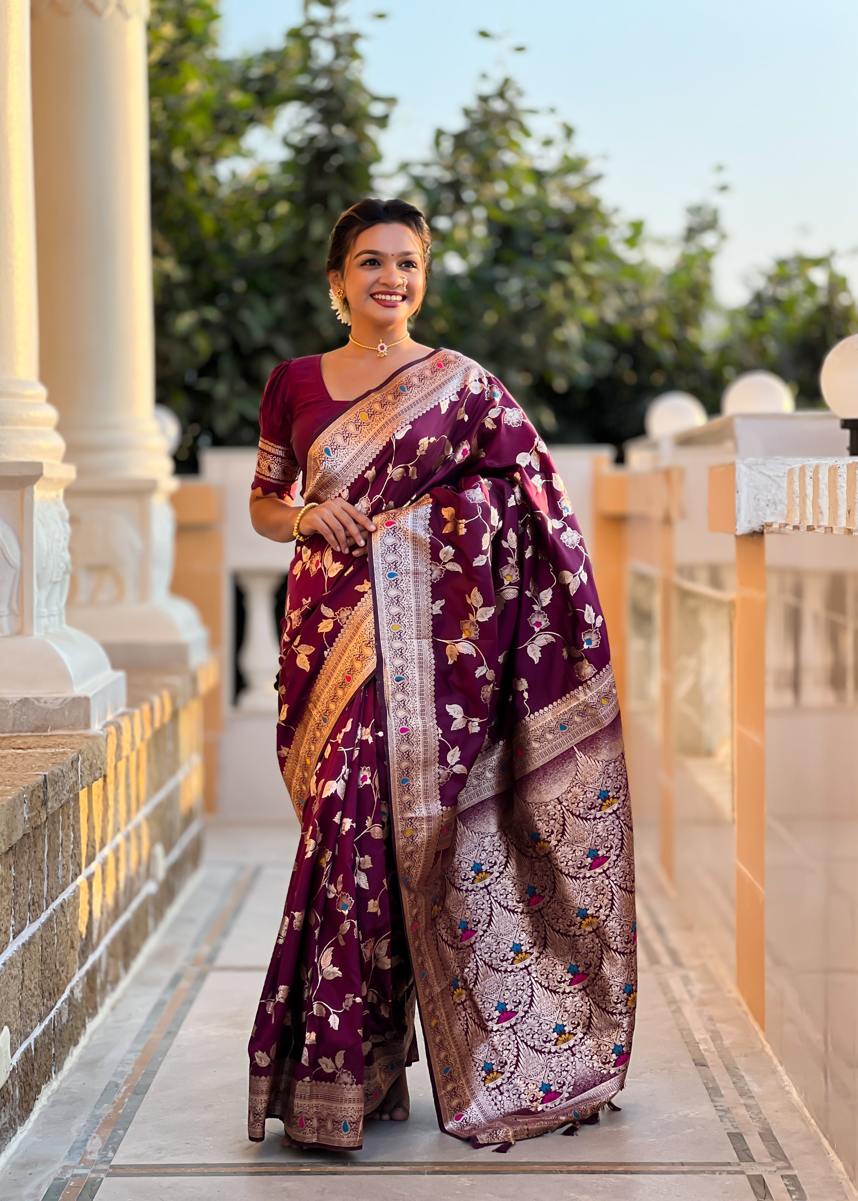 Wine Wedding Wear Soft Banarasi Silk Saree